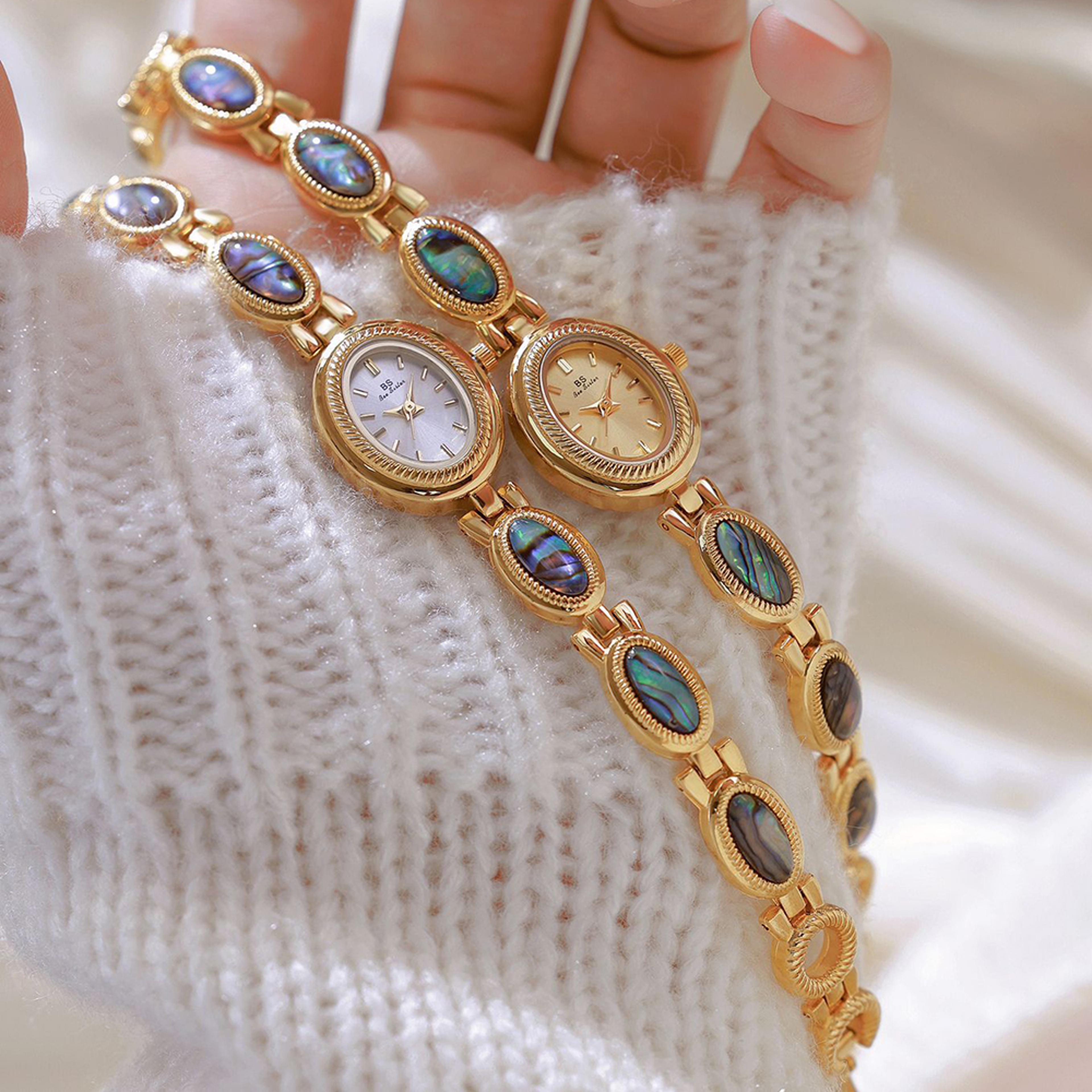 luxury vintage gold quartz watch for women, colorful shell bracelet, dress wristwatch gift original
