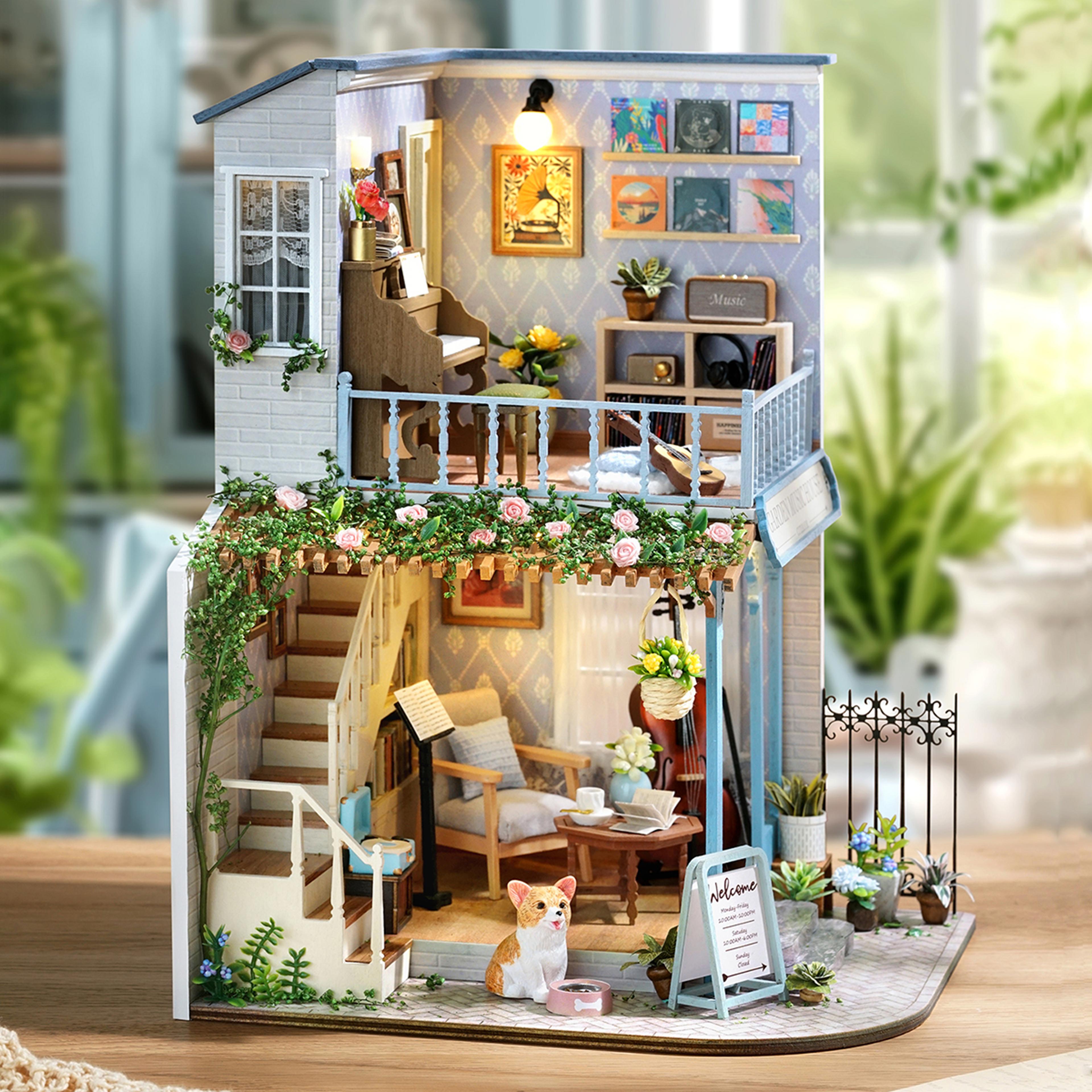 mini house bookshelf dollhouse kit, diy 3d puzzle assembly building model, handmade for teens and adults