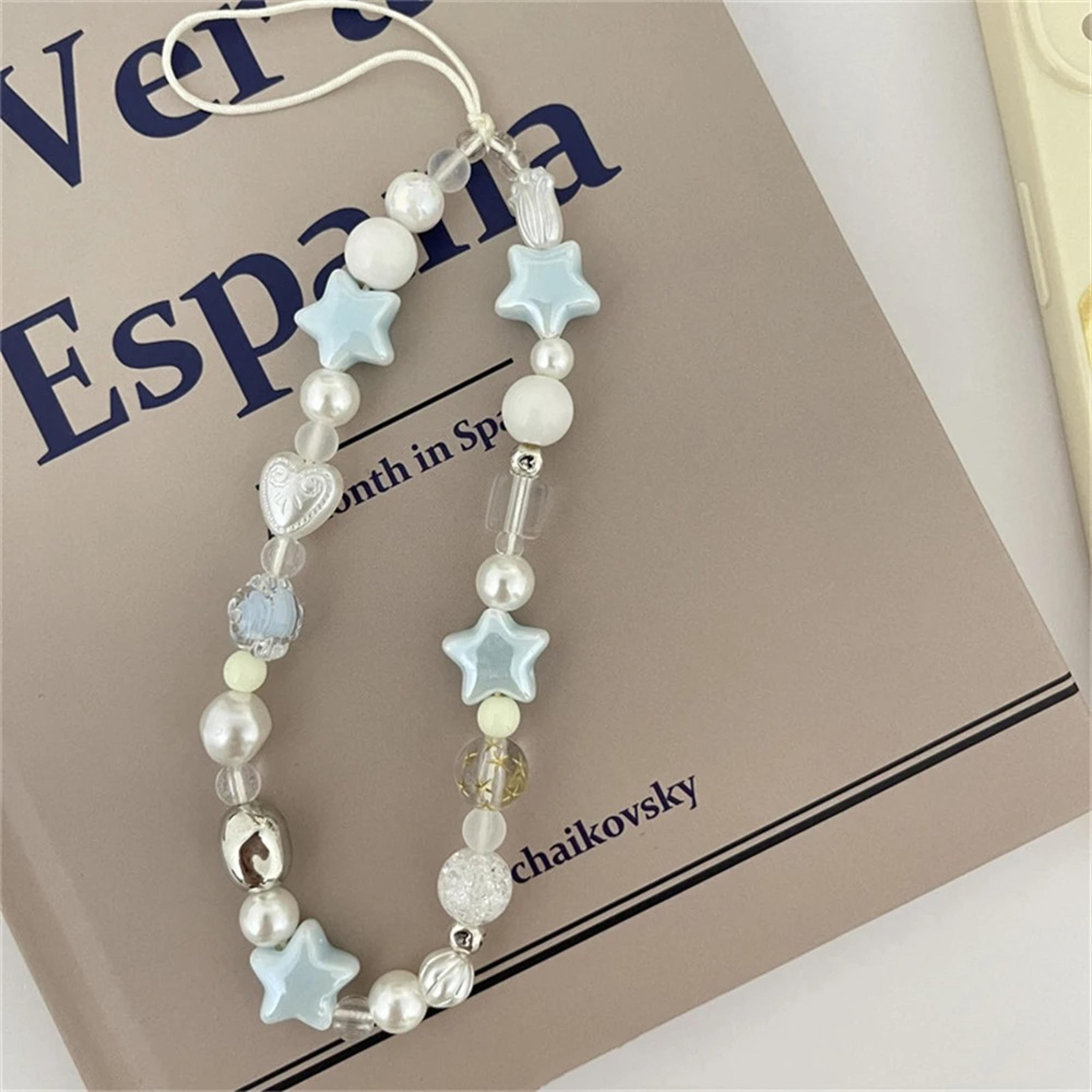 korean star pearl beaded phone chain, summer handmade phone strap, hanging cord mobile lanyard jewelry gift