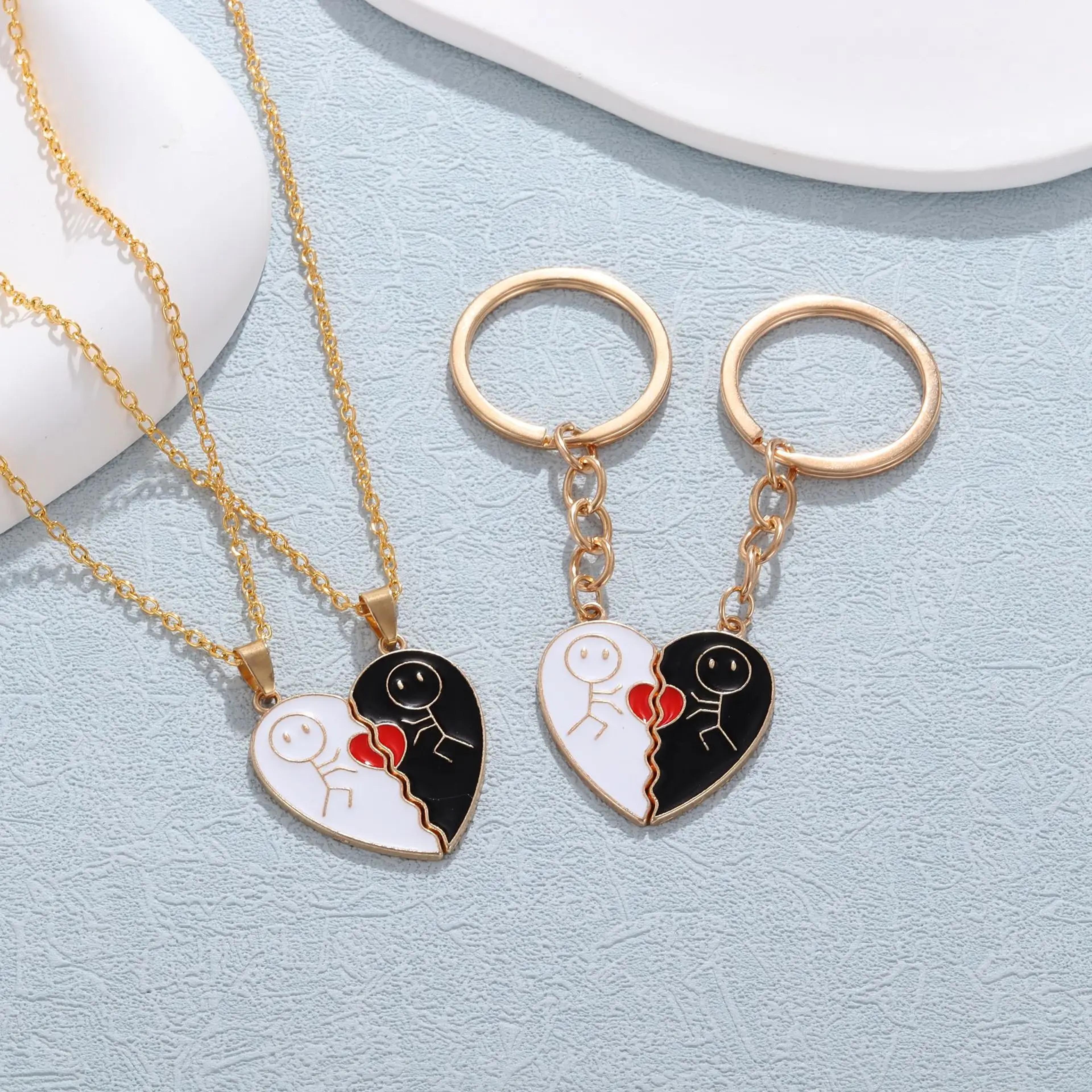 couple magnetic necklace stickman heart charm, fashion trendy splicing heart pendant jewelry gift