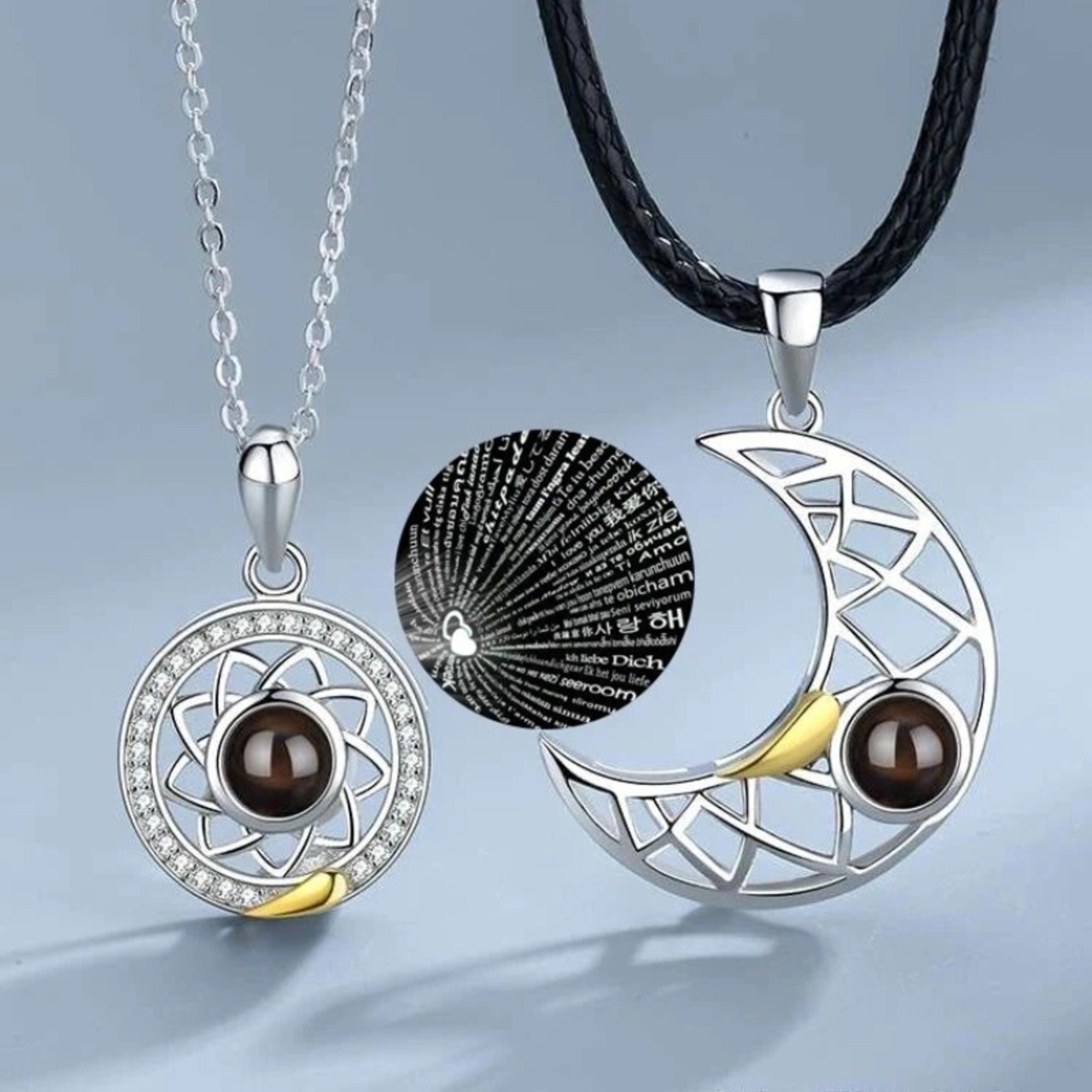 couple magnetic matching necklace for women men, sun moon heart shape pendant, i love you projection jewelry
