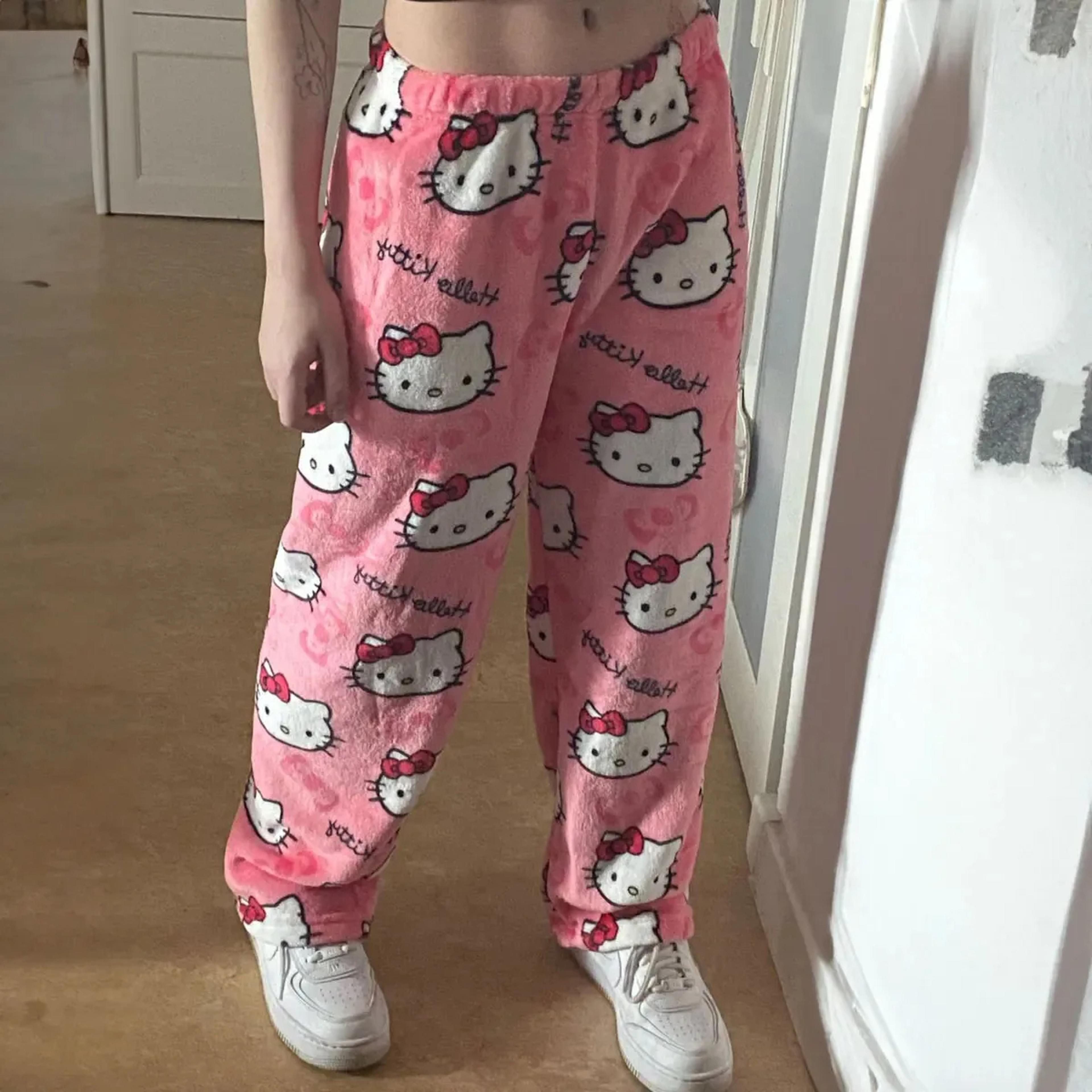 sanrio hello kitty pajamas halloween flannel fashion trouserswomen kawaii woolen anime cartoon casual home pants autumns