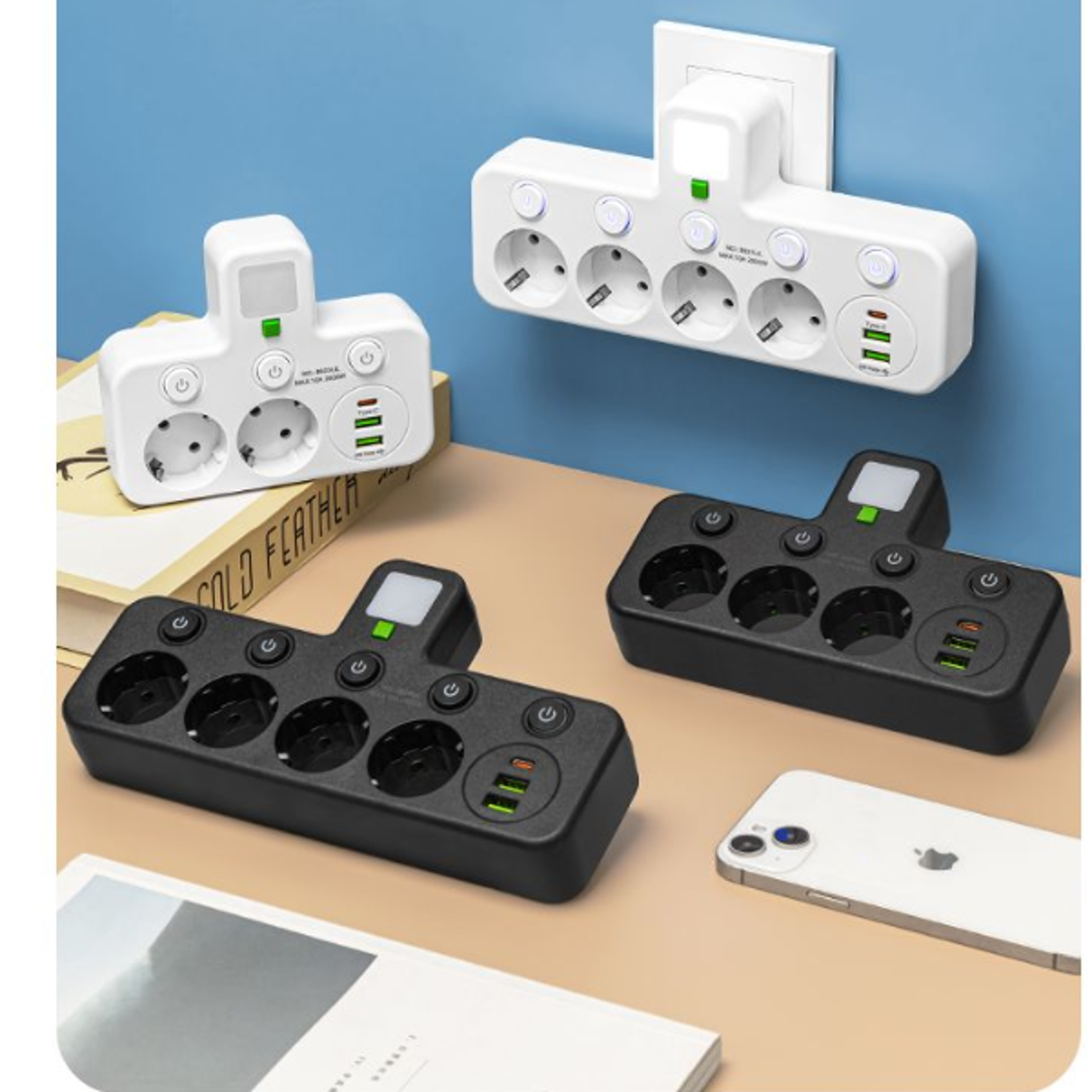 smart electrical socket with or without usb type c ports 2500w power strip