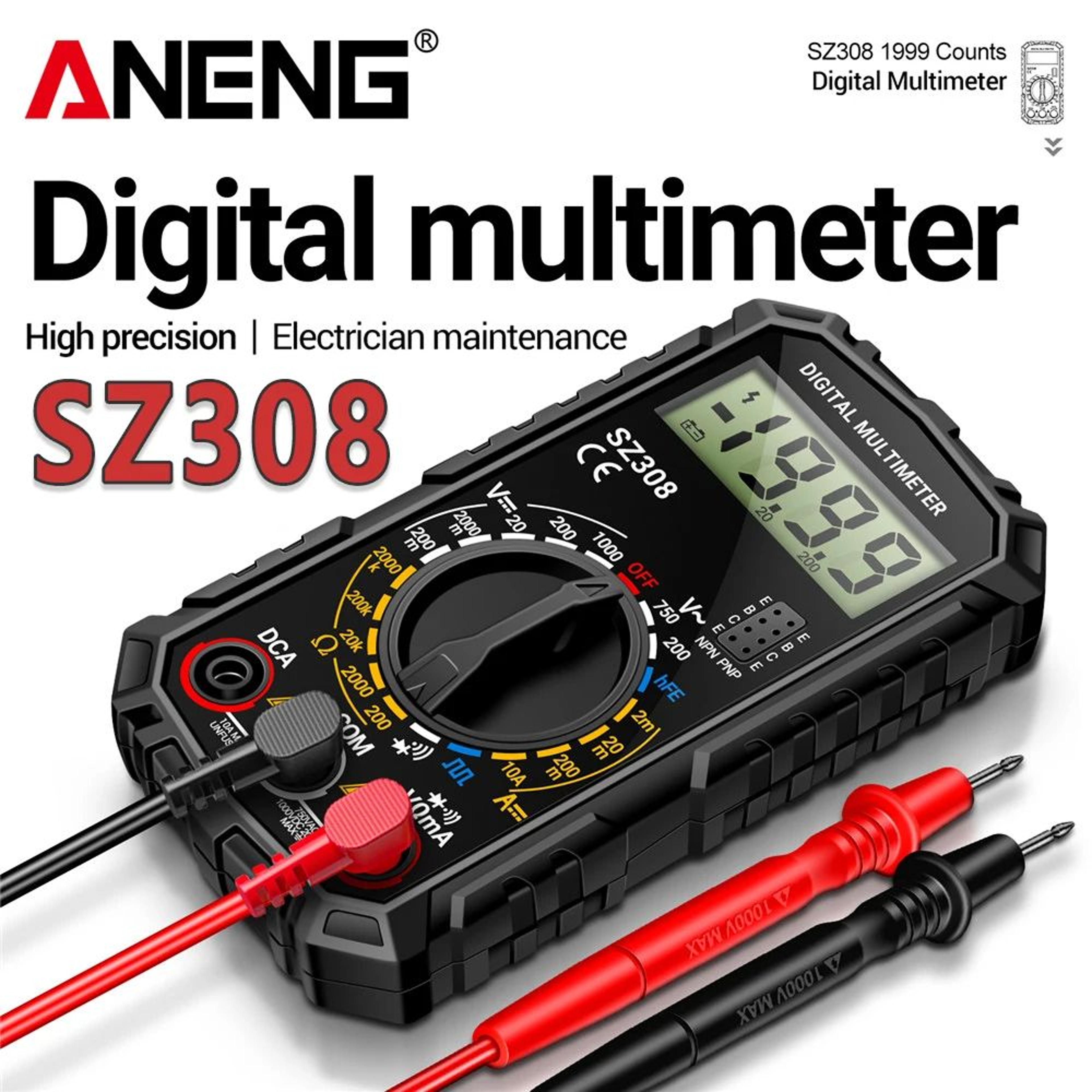 professional digital multimeter, aneng sz308 with buzzer, triode test & auto-ranging for electricians & diyers