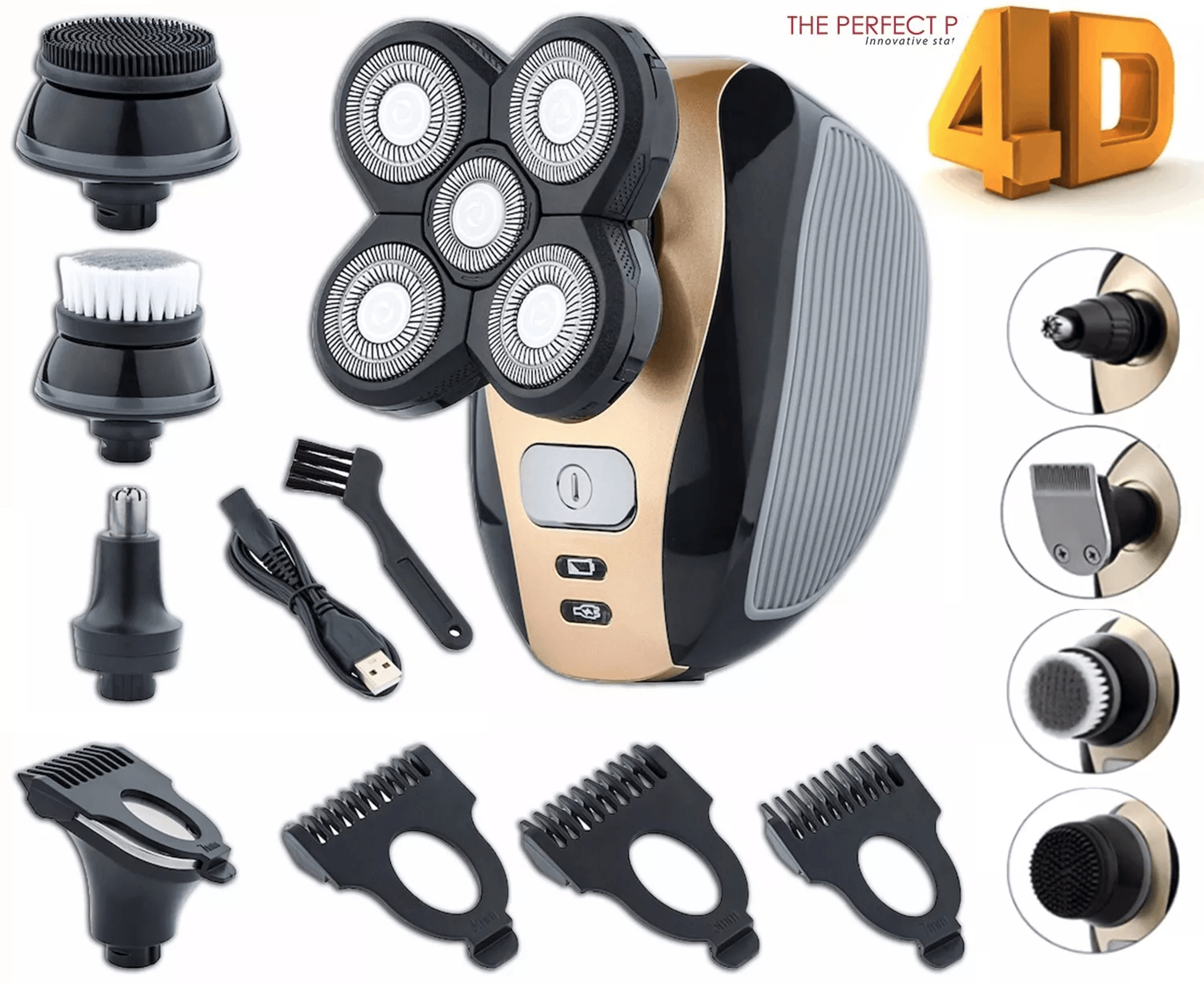 mens rotary electric shaver 5-in-1 rechargeable bald head razor with beard trimmer, nose clipper & facial brush kit