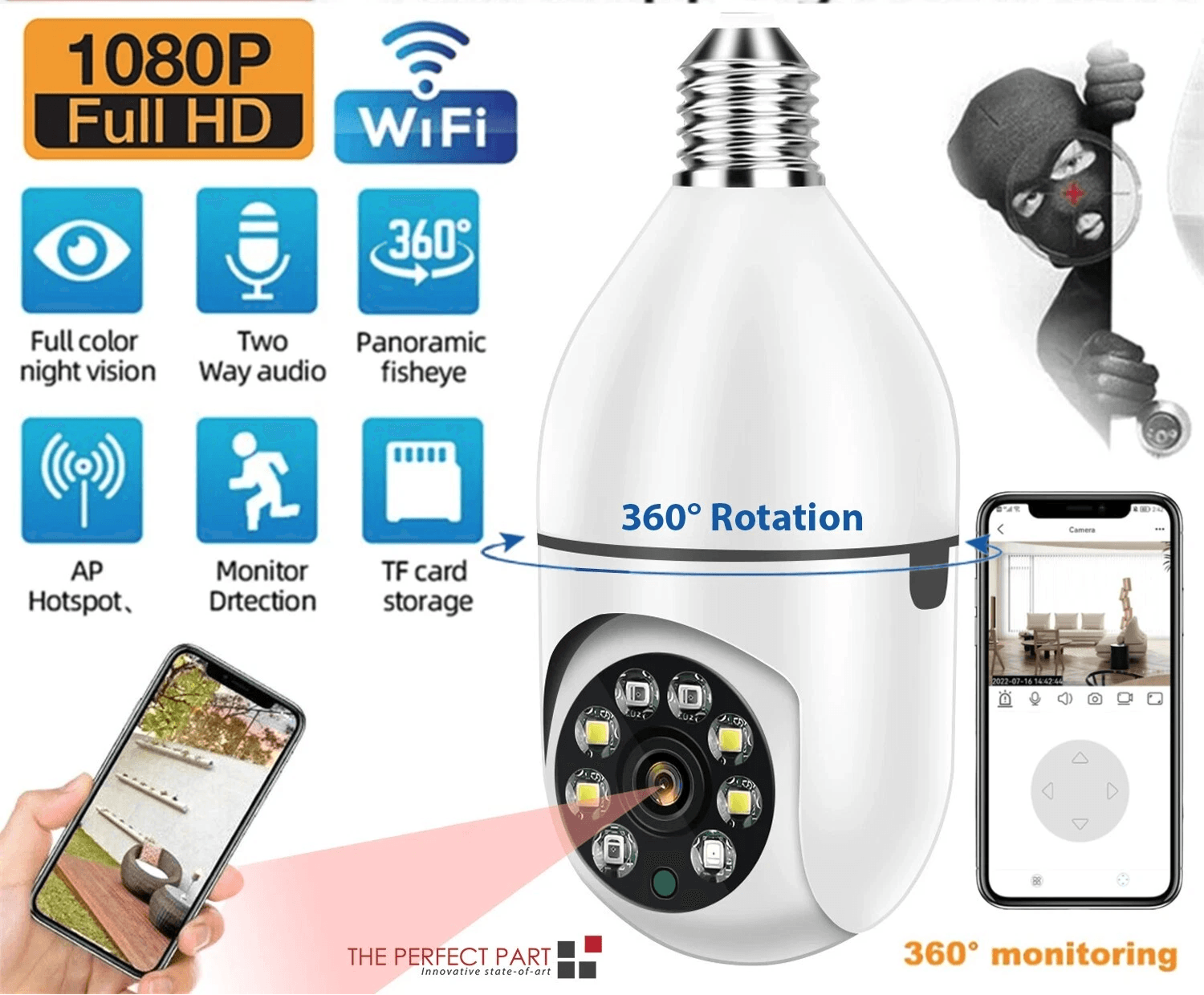 light bulb camera wi-fi smart wireless security, ir night vision with motion alerts, two-way audio for home monitoring