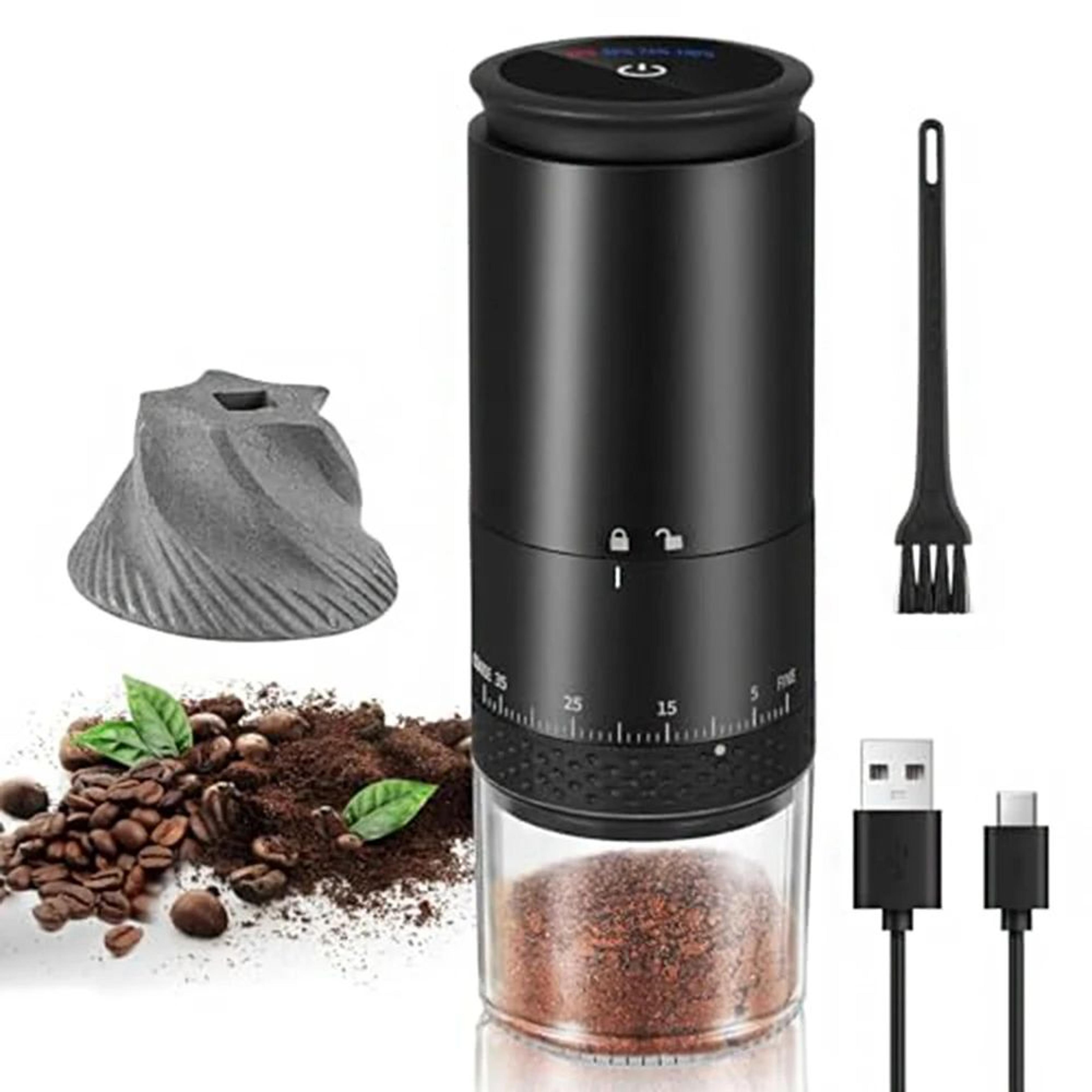 electric coffee grinder rechargeable type-c, adjustable burr grinder with ceramic core, portable bean grinding