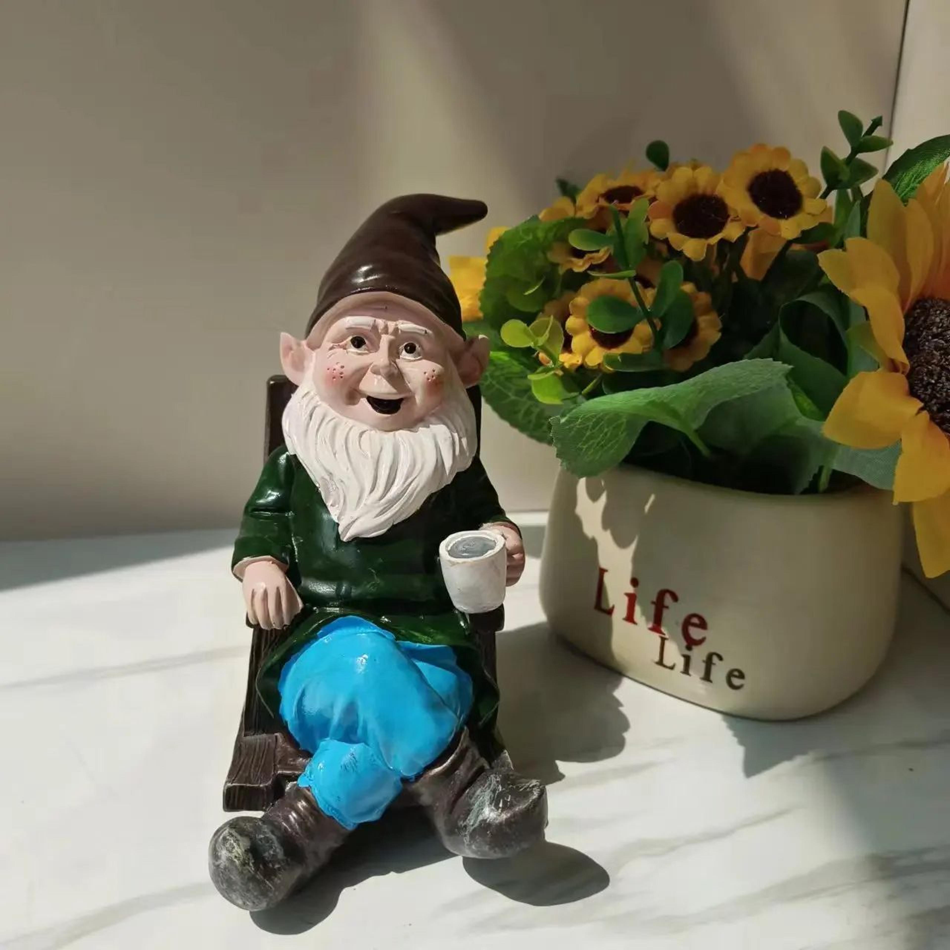 Resin Gnome Dwarf Rocking Chair Ornament Outdoor Garden Decoration Lawn Yard Leisurely Drinking Tea 4