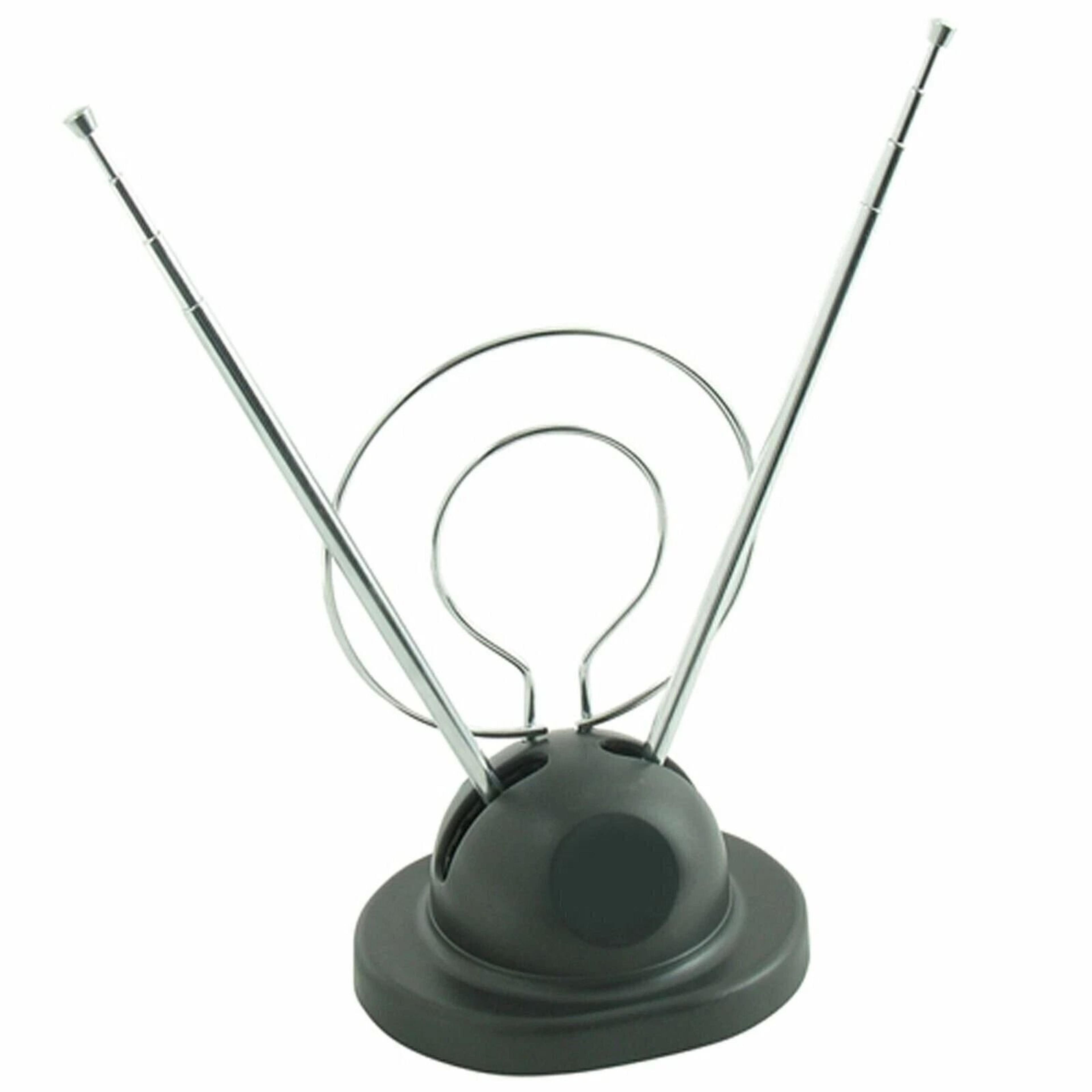 universal indoor rabbit ear tv antenna, hdtv ready vhf/uhf reception with dual loop coaxial