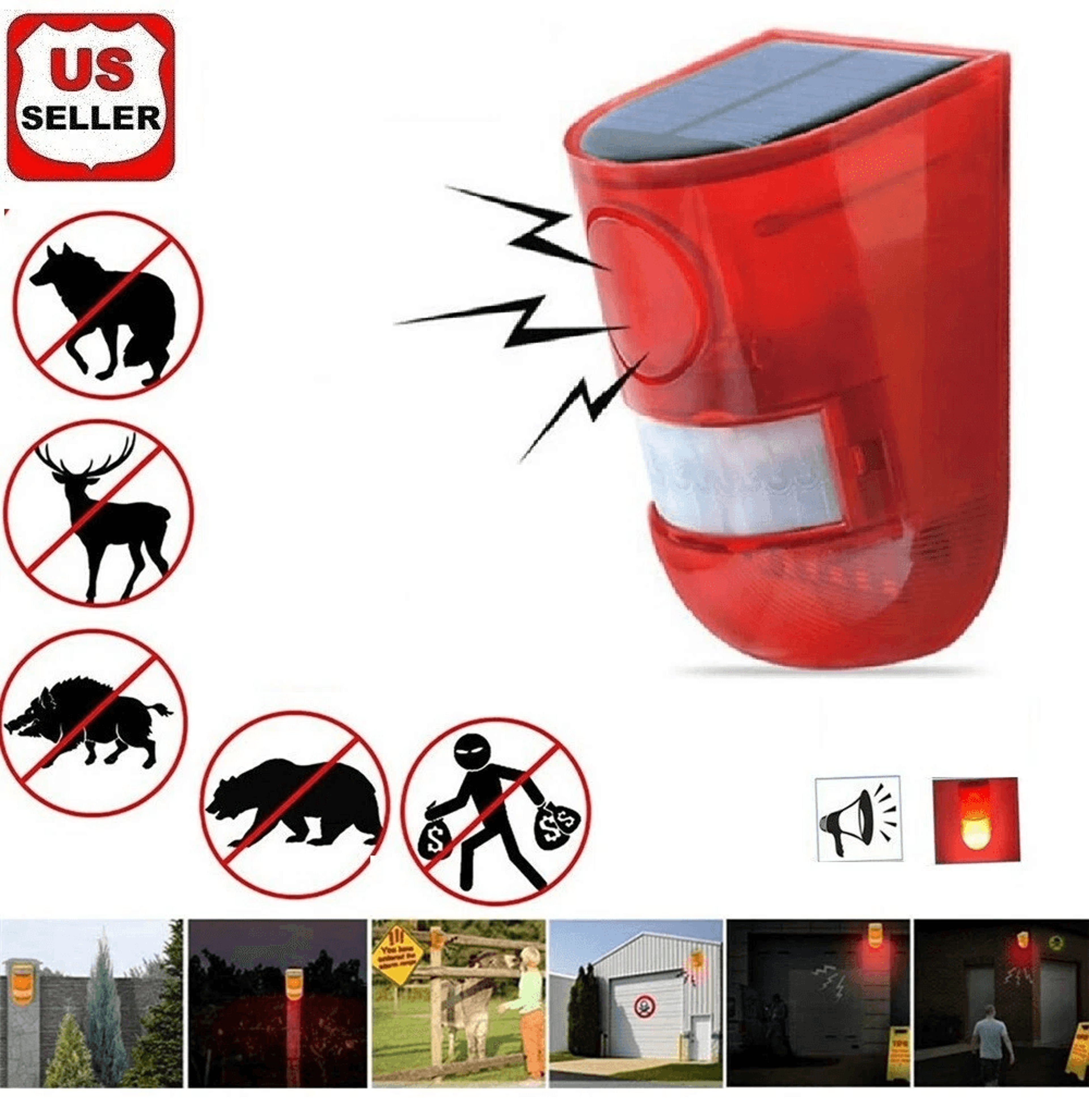 solar alarm led strobe light with wireless motion sensor, outdoor solar strobe security detector, ip65 weatherproof