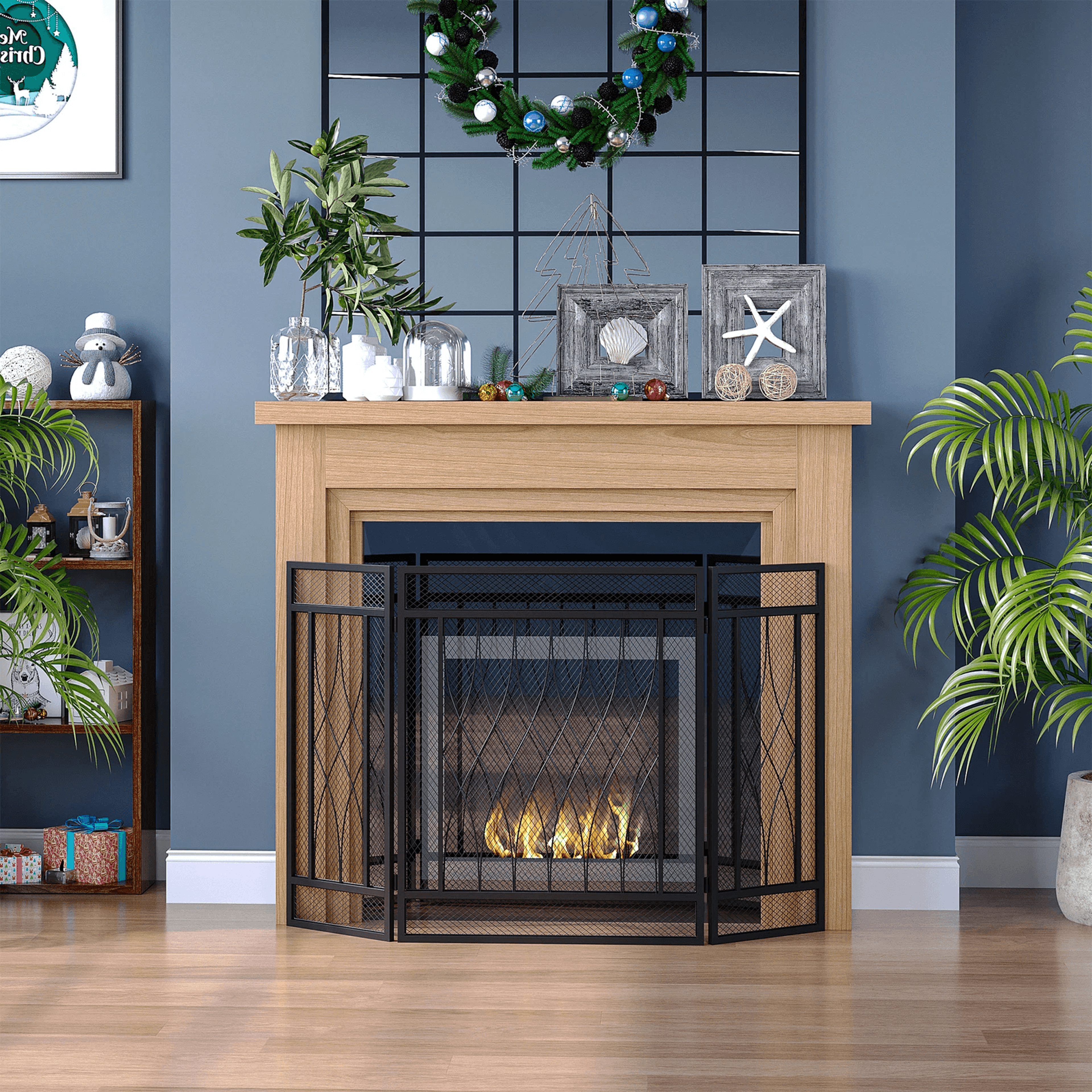 folding fireplace screen, black home metal mesh fire spark guard, protective fireplace safety screen