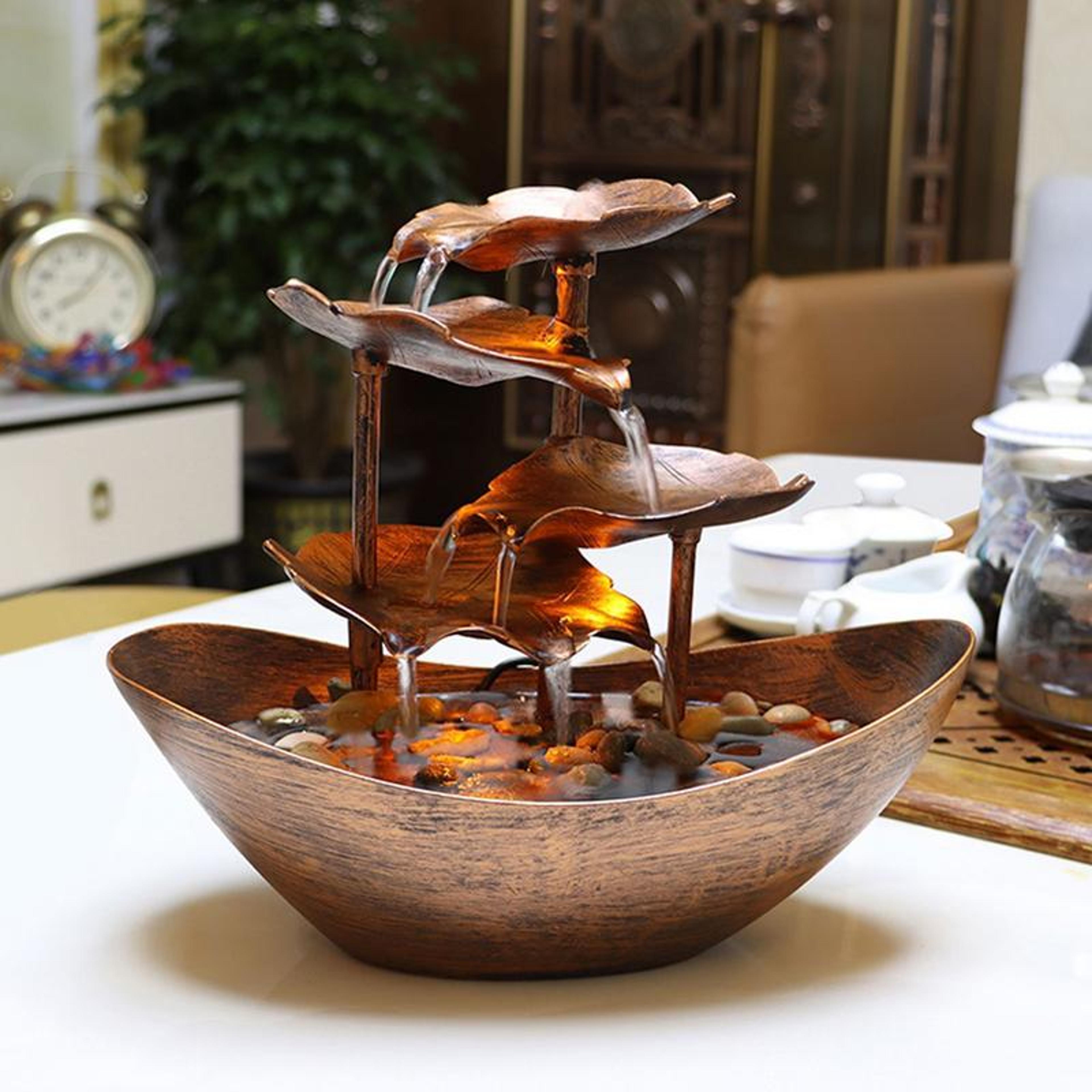 4-tier lotus leaf tabletop water fountain, usb indoor small waterfall fountain with automatic pump & led light for home