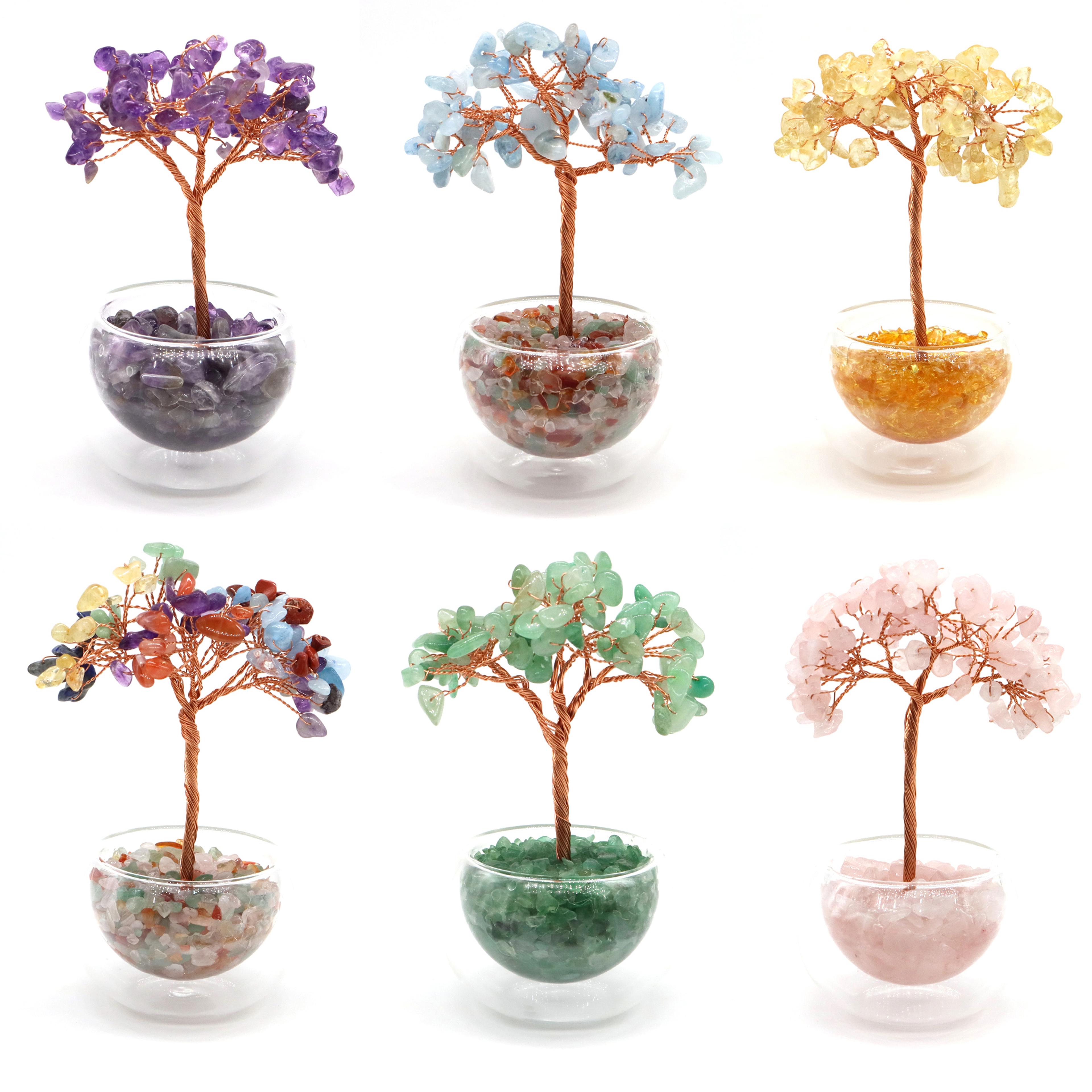 crystal money tree, glass potted plant with natural citrine, amethyst & chakra quartz, feng shui home office decor