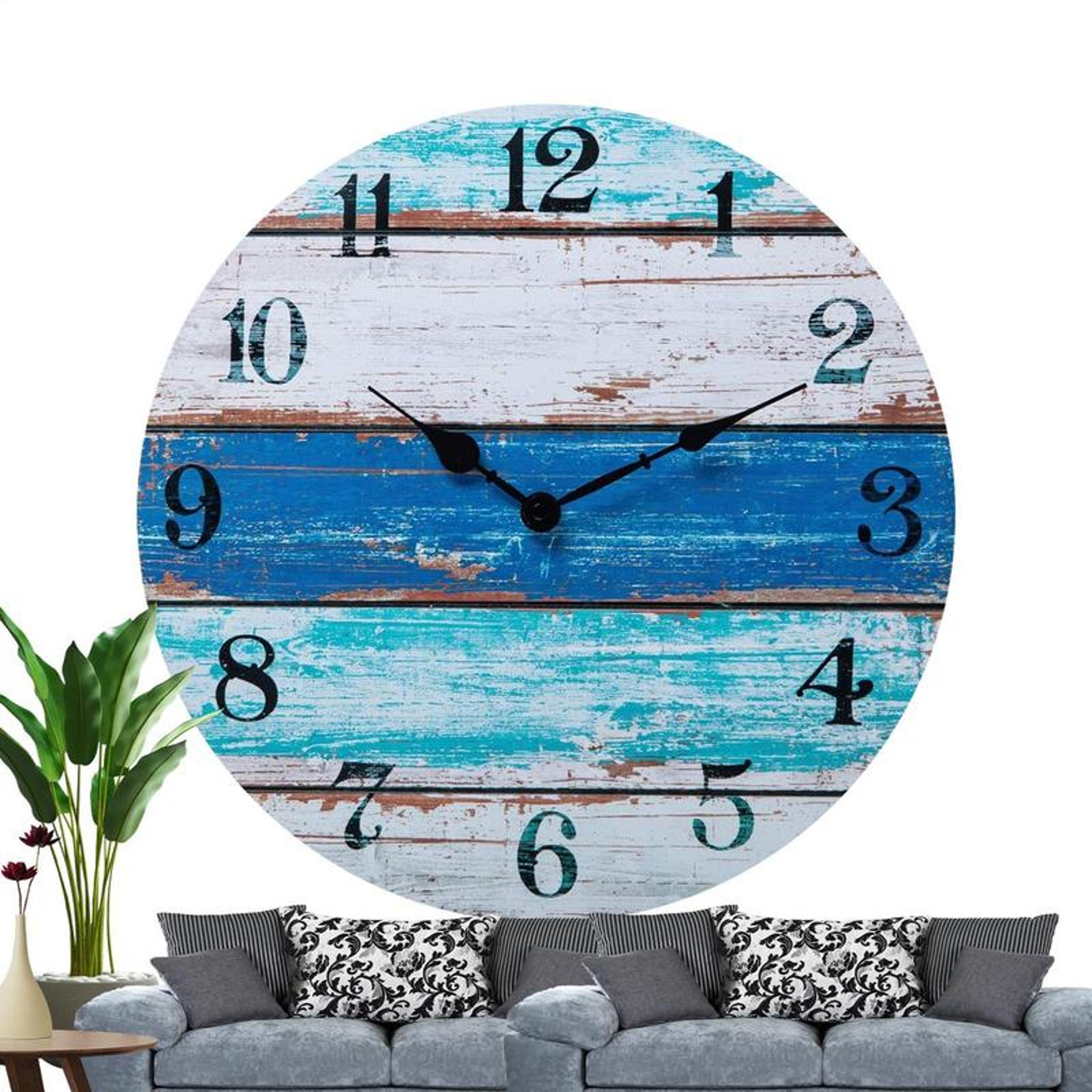 vintage rustic beach blue wall clock non ticking coastal decor for girl boy bedroom, bathroom, kitchen, office