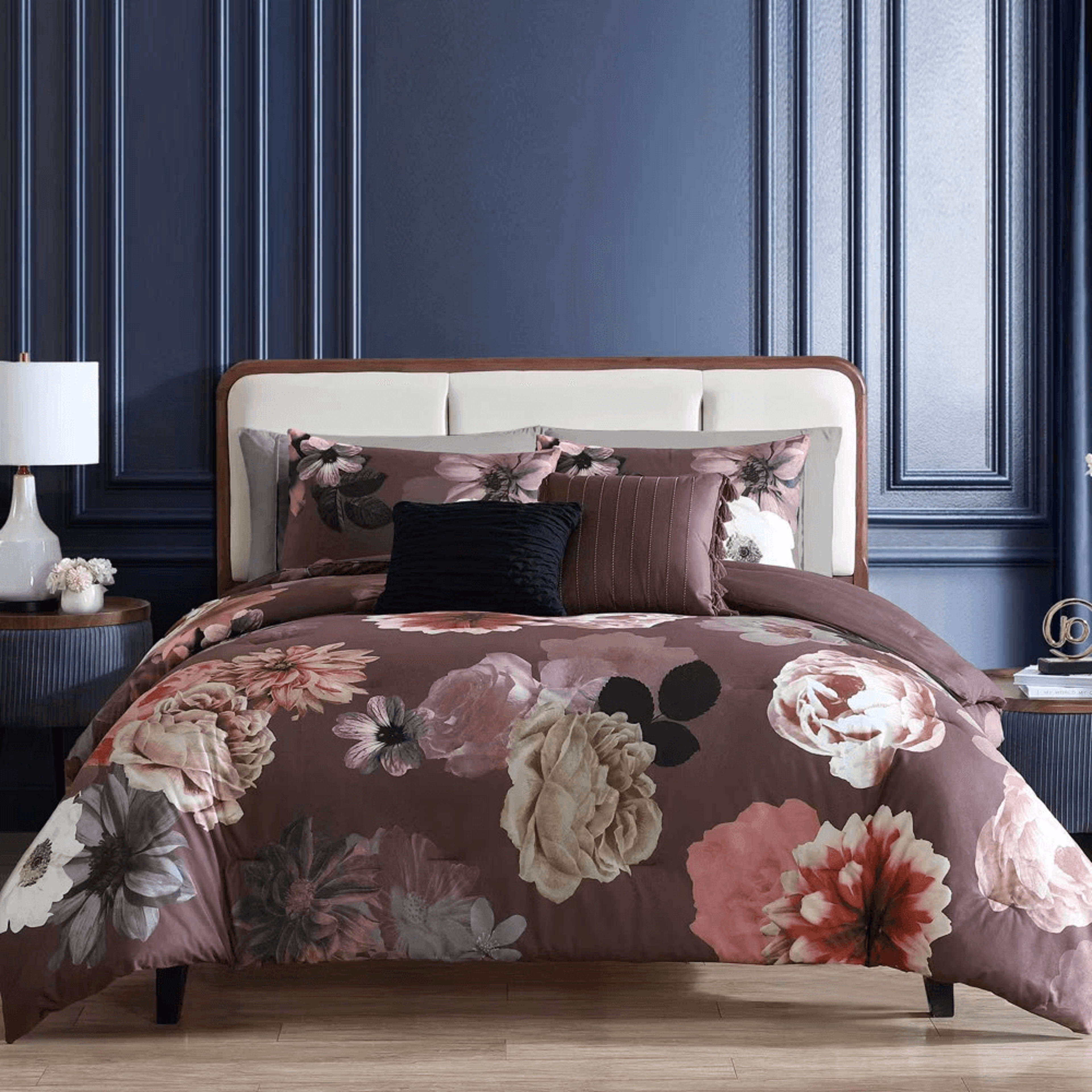 Velvet Floral King Vita Bedding Set Comforter With Shams And Decorative Pillows Machine Washable 1