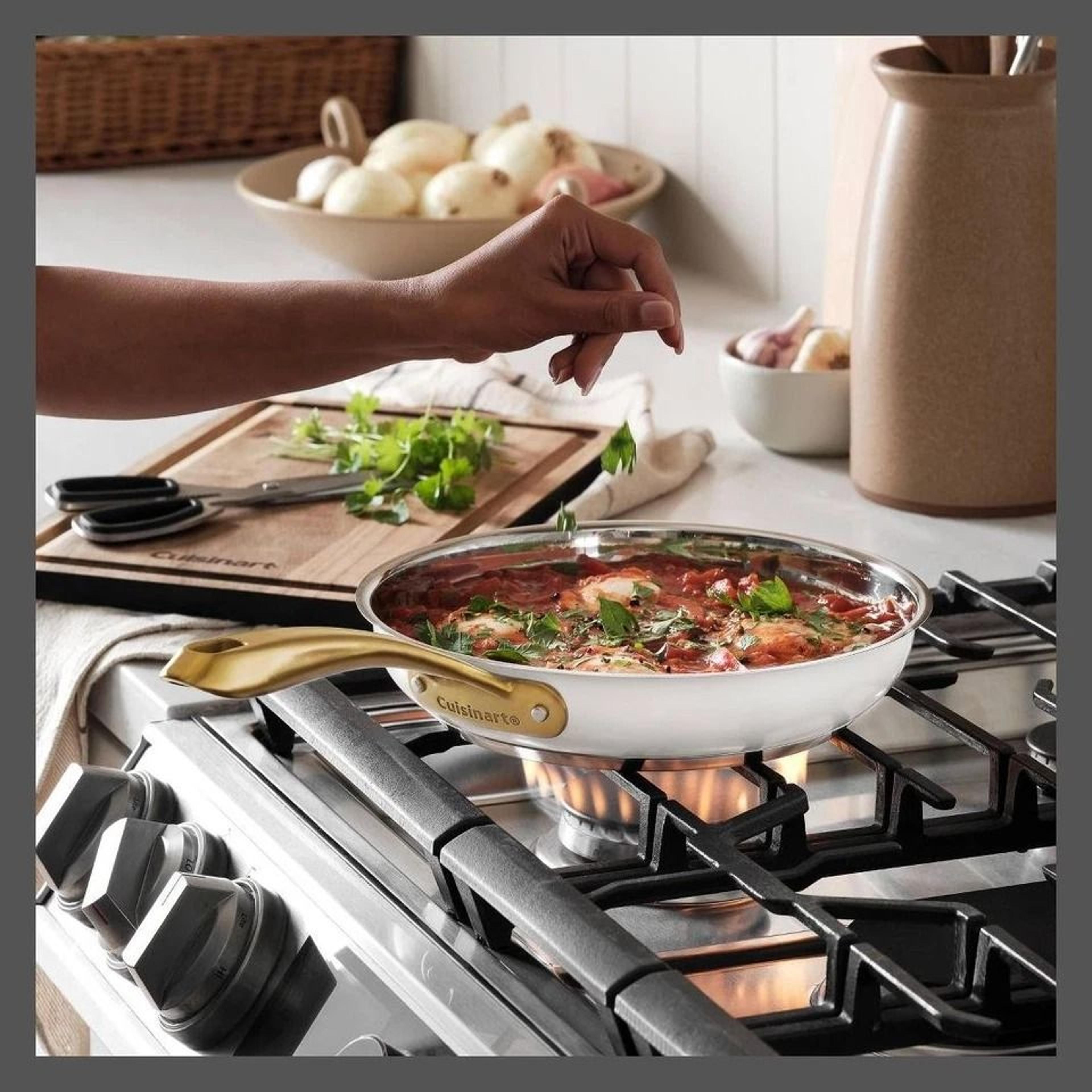 Matte White Stainless Steel Cookware Set Brushed Gold Handles Even Heating Oven Safe 7