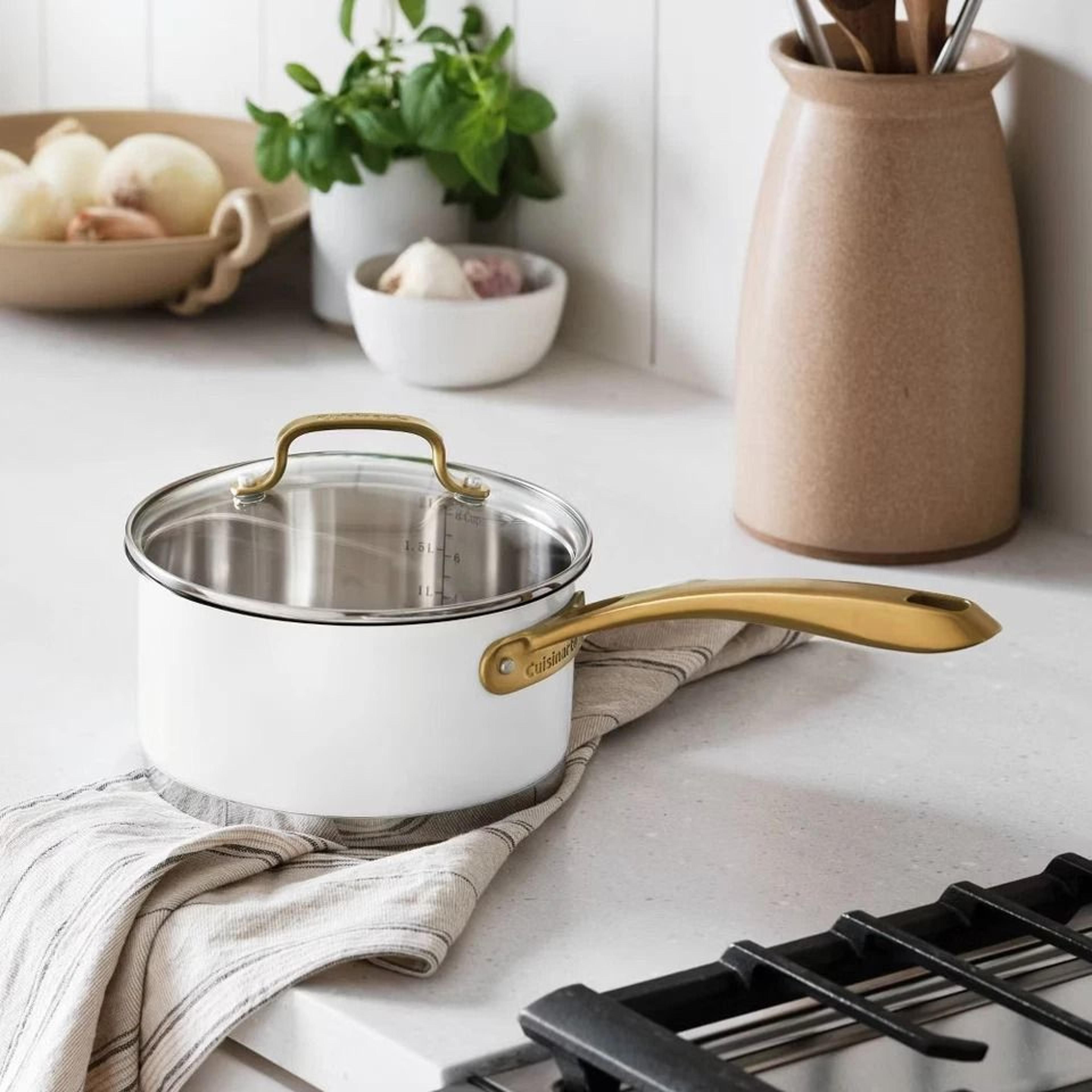 Matte White Stainless Steel Cookware Set Brushed Gold Handles Even Heating Oven Safe 2