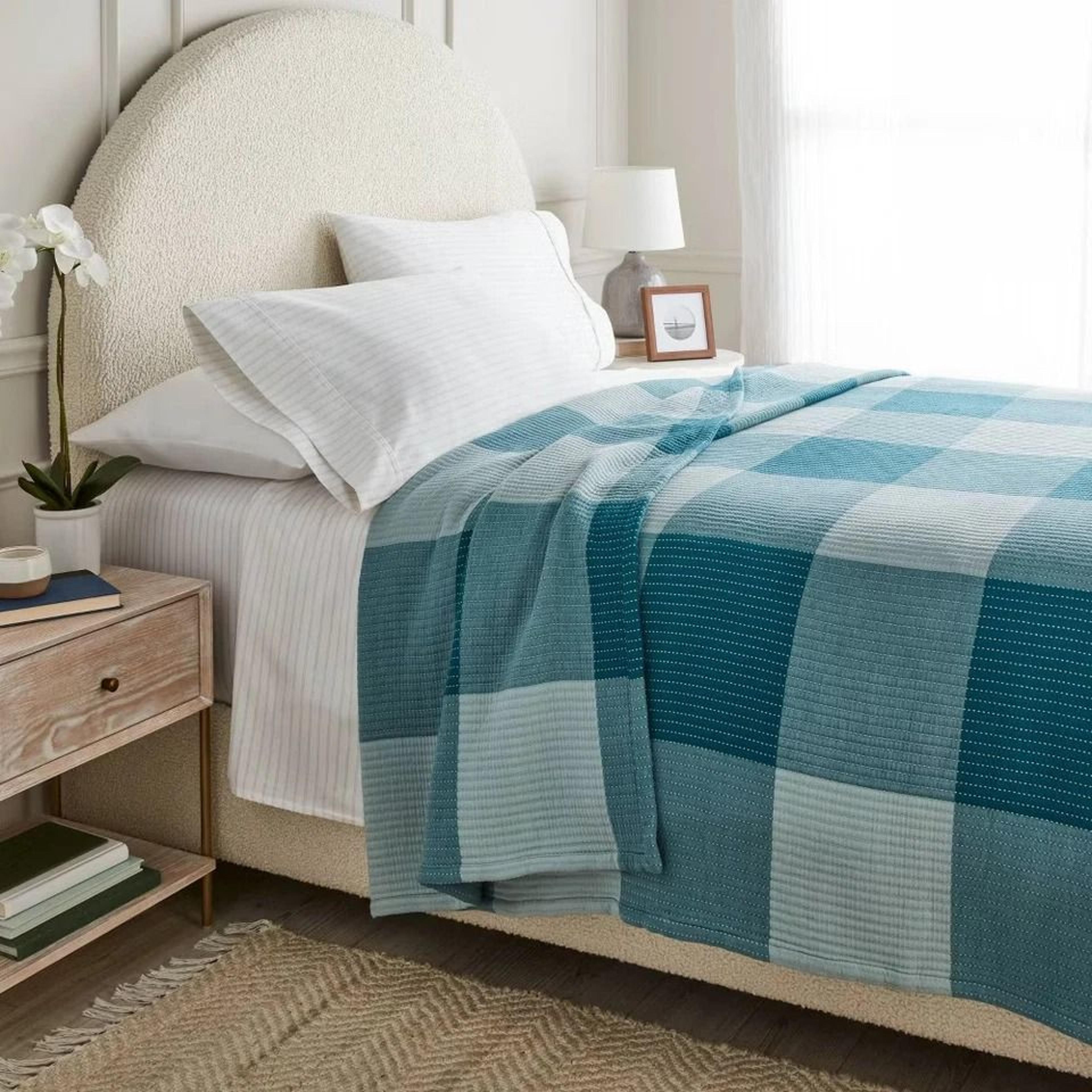 blue oversized gingham full/queen spring matelasse blanket, soft & durable, threshold, eco-friendly fabric