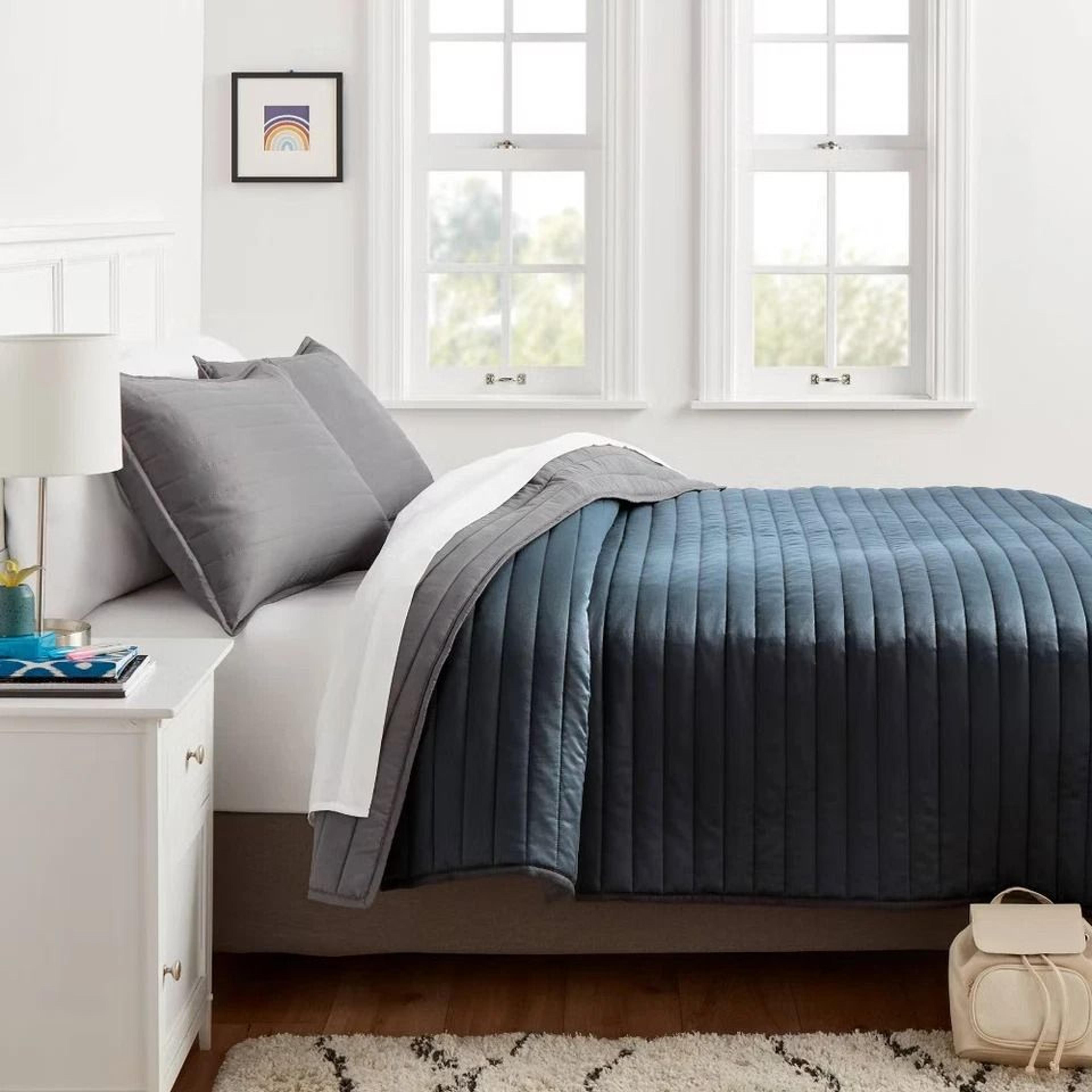 midweight sateen full/queen satin quilt dark gray, room essentials cozy coverlet, soft polyester fill, machine-washable