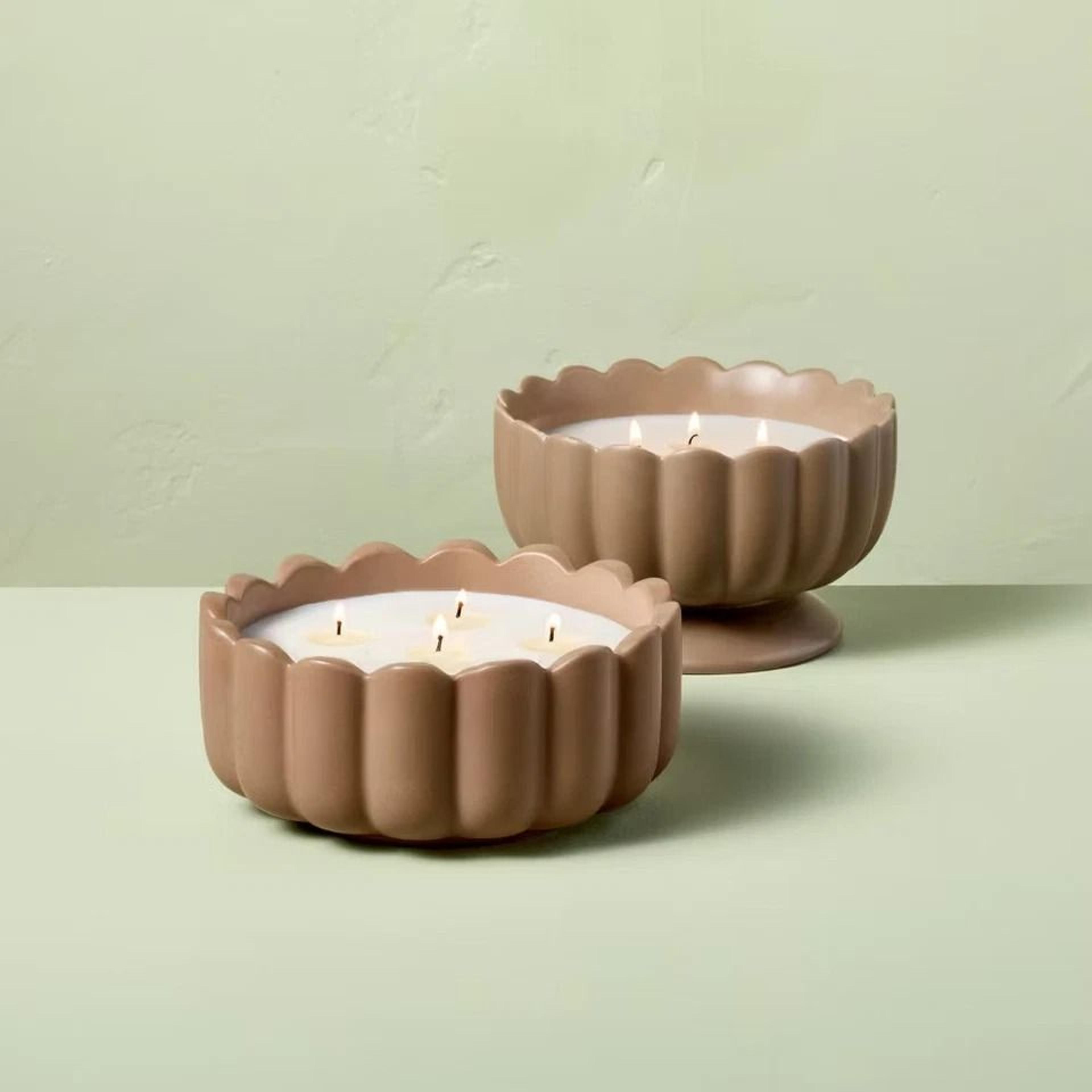 Wick Ceramic Salted Honey Jar Candle Tan 42oz Scalloped Rim Hearth  Hand With Magnolia Long Burn Ti 1