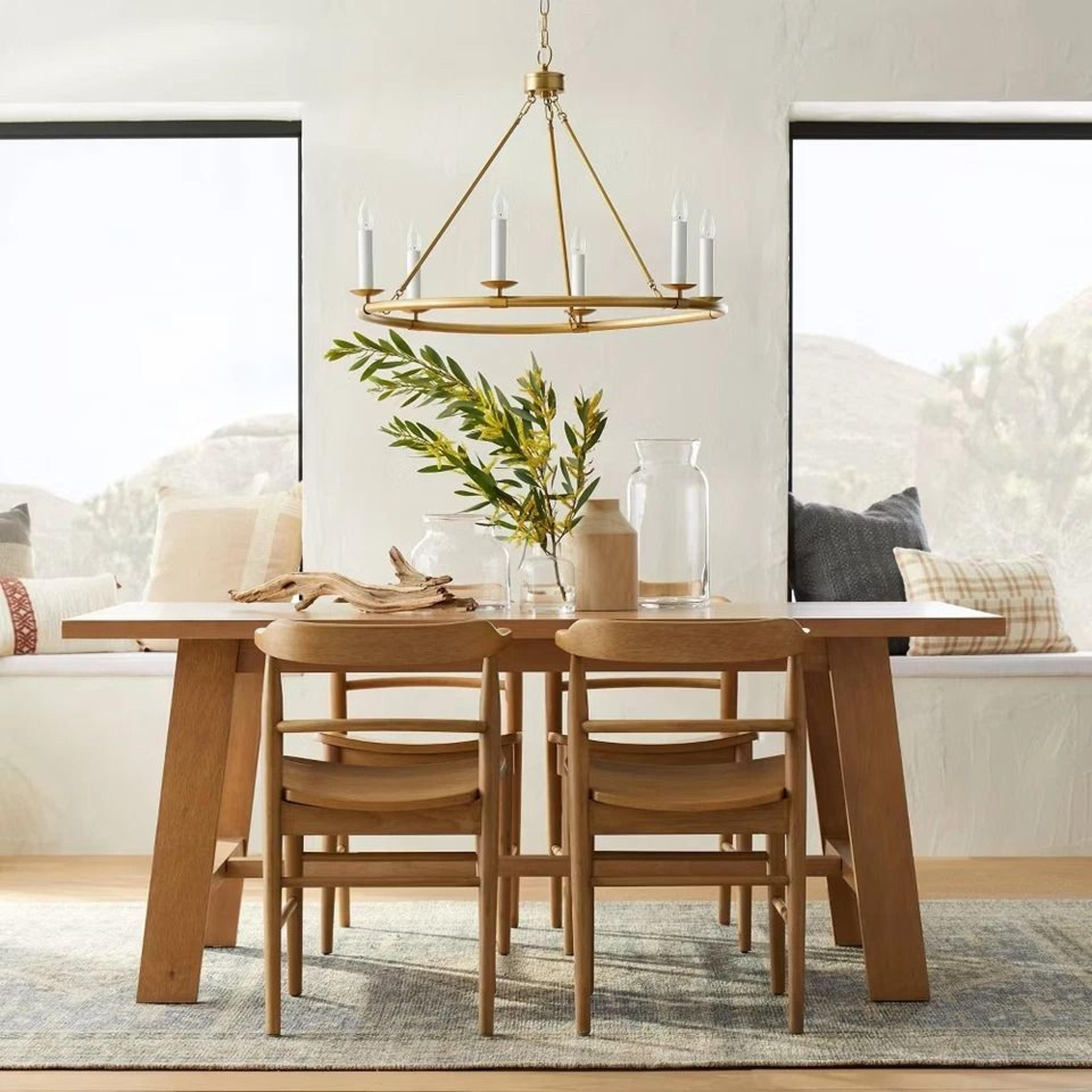 studio ring chandelier brass, no shade, hardwired installation, elegant metal fixture for dining room