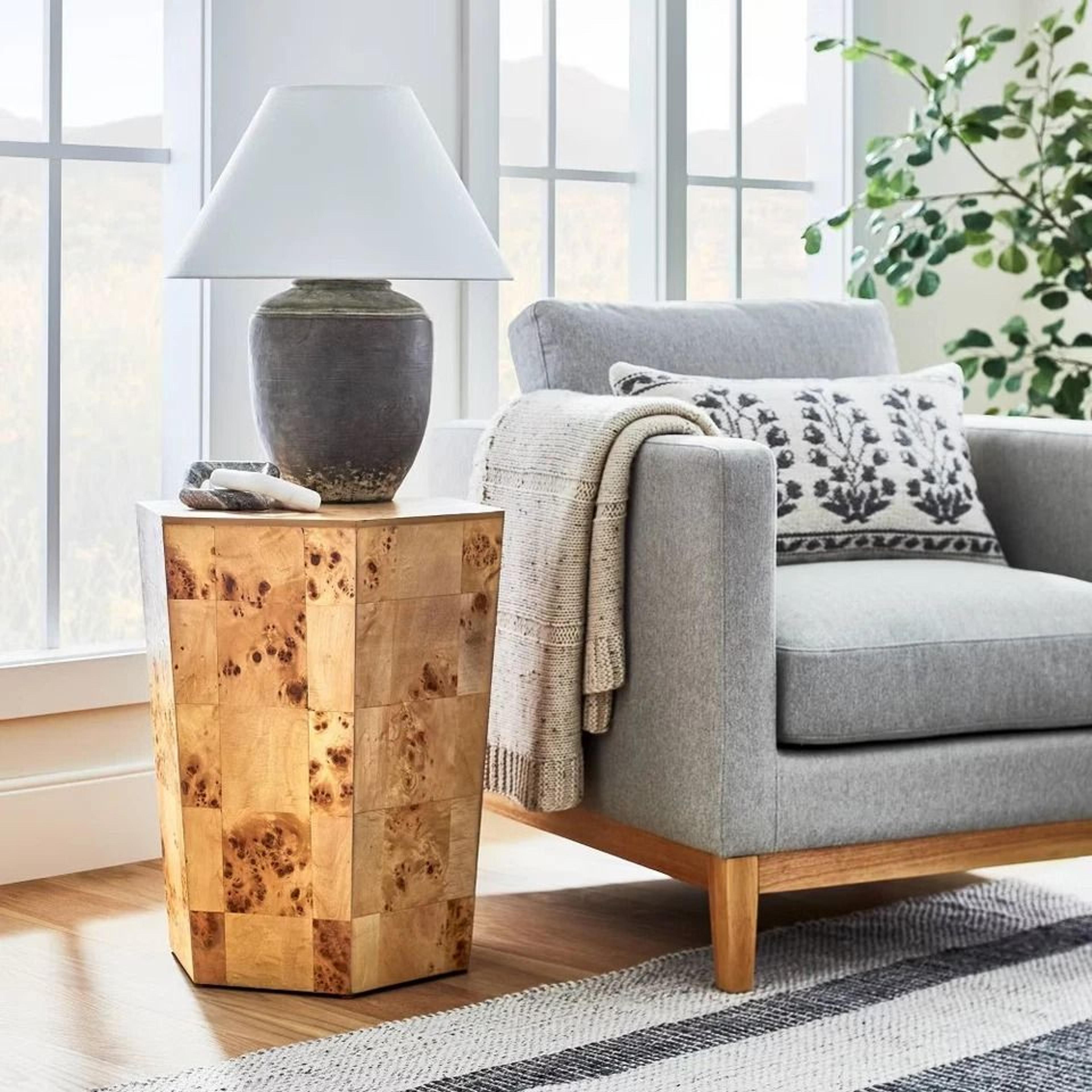 wood accent table by threshold, designed with , unique hexagon shape, wood composite