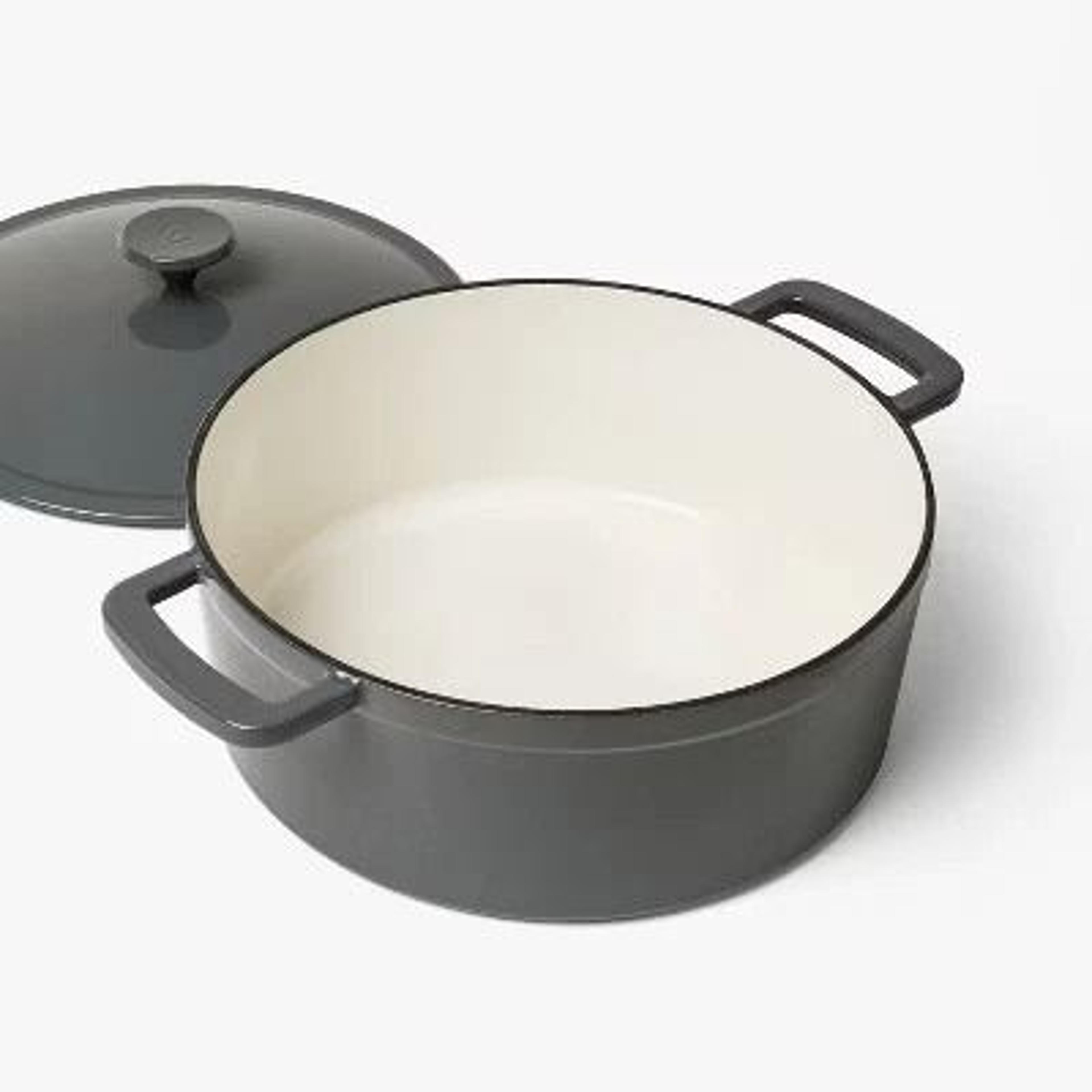 enamel dutch oven, gray eclipse, cast iron stock pot, oven-safe, induction ready, even heating cookware
