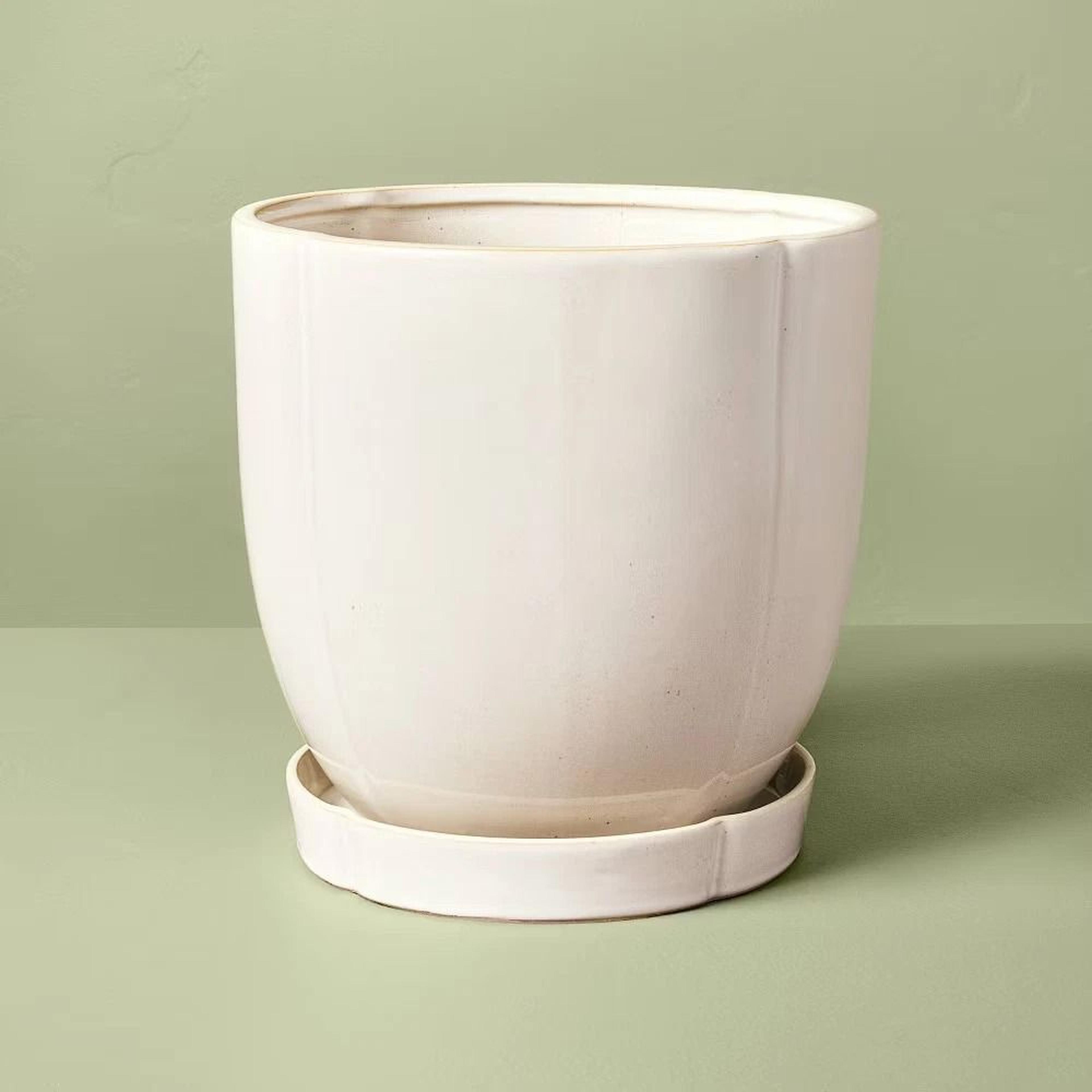 cream stoneware planter pot with saucer indoor/outdoor use, glossy finish, hearth & hand, drainage hole
