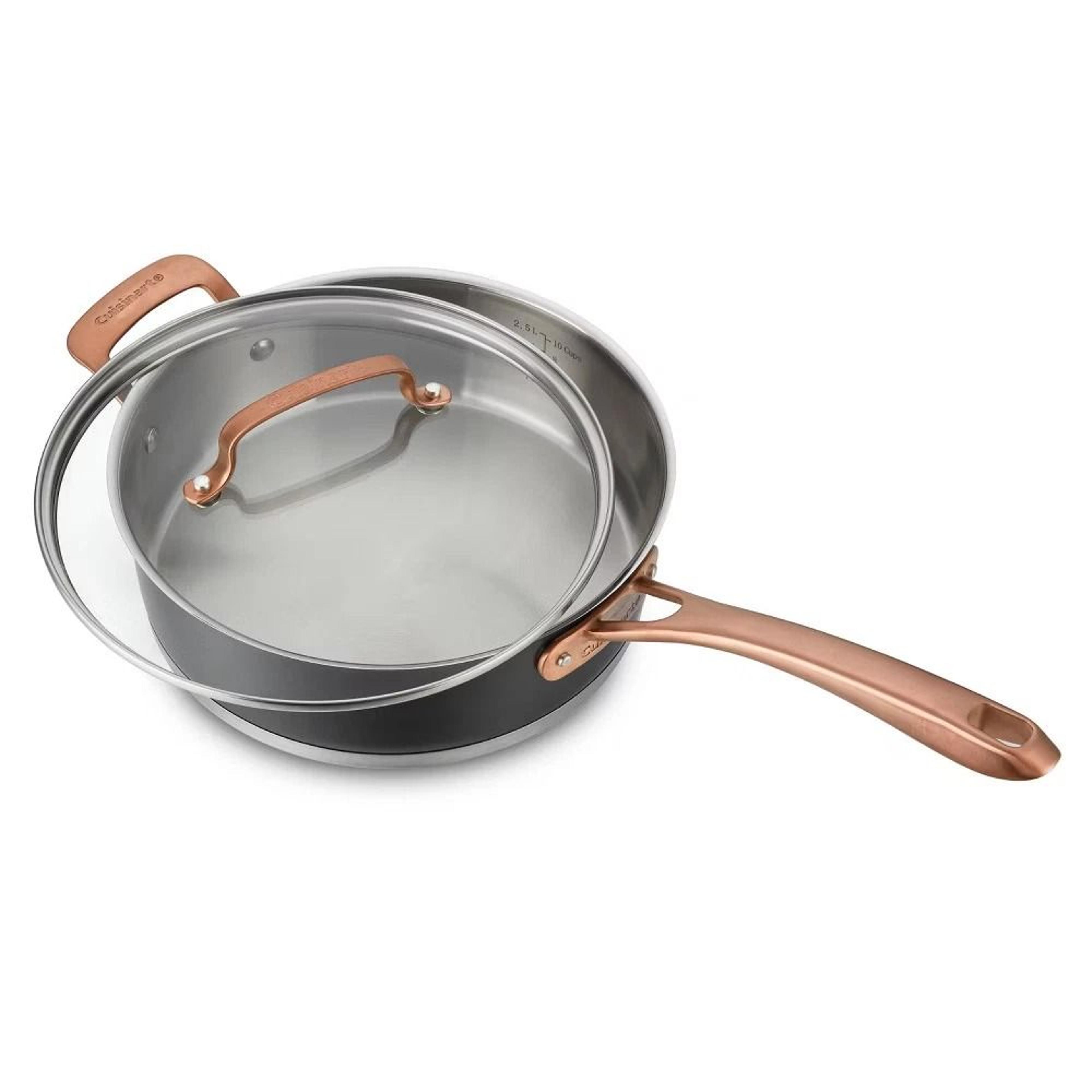 matte black stainless saute pan with blush bronze handle, tempered glass lid, induction ready
