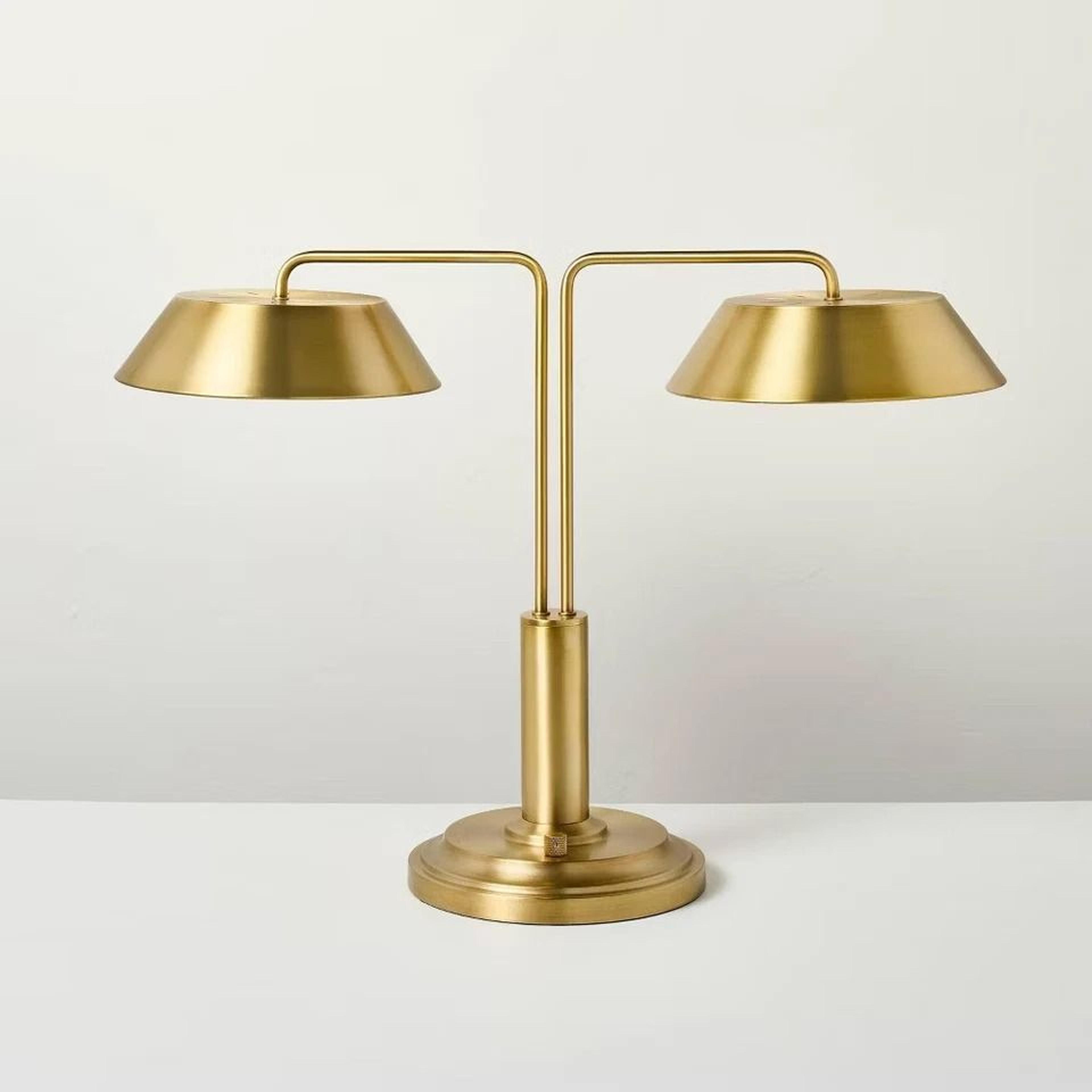 brass double-shaded table lamp, hearth & hand with magnolia, modern table lighting with way light control