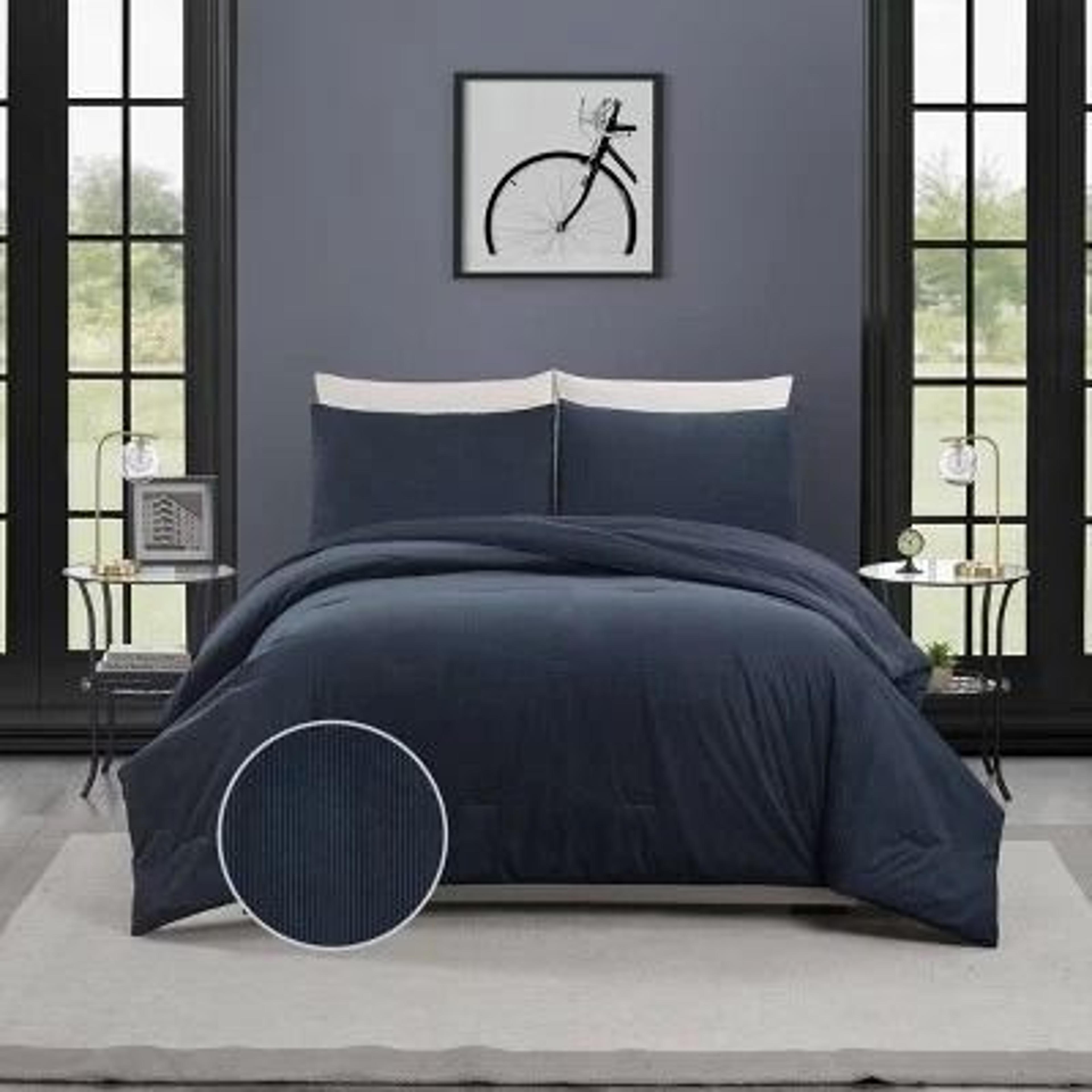 full/queen corduroy comforter set blue - makers collective, recycled polyester comforter, cozy shams, easy care