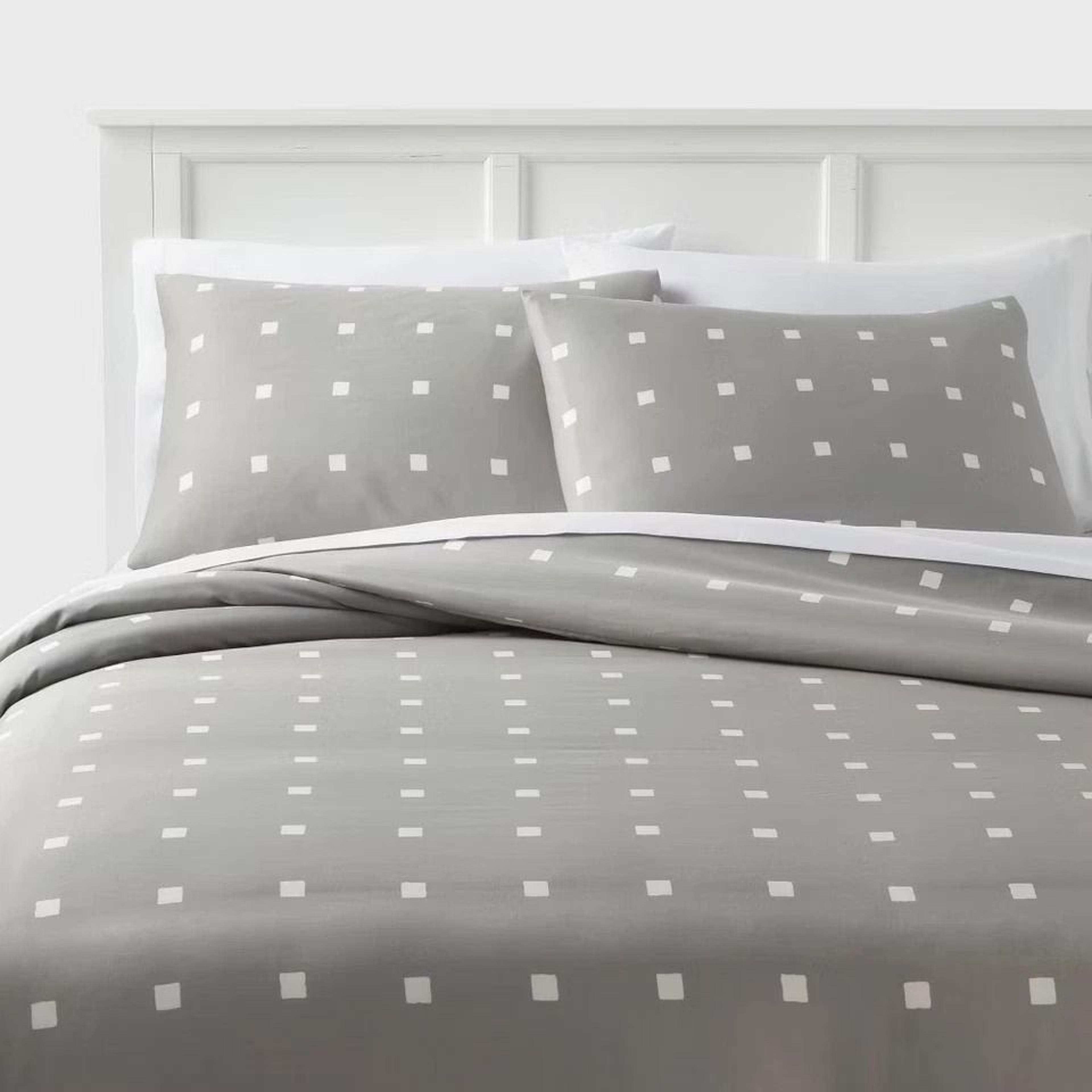 light gray king cotton blend sateen duvet cover and sham set, white dot design, cozy, easy-care bedding set