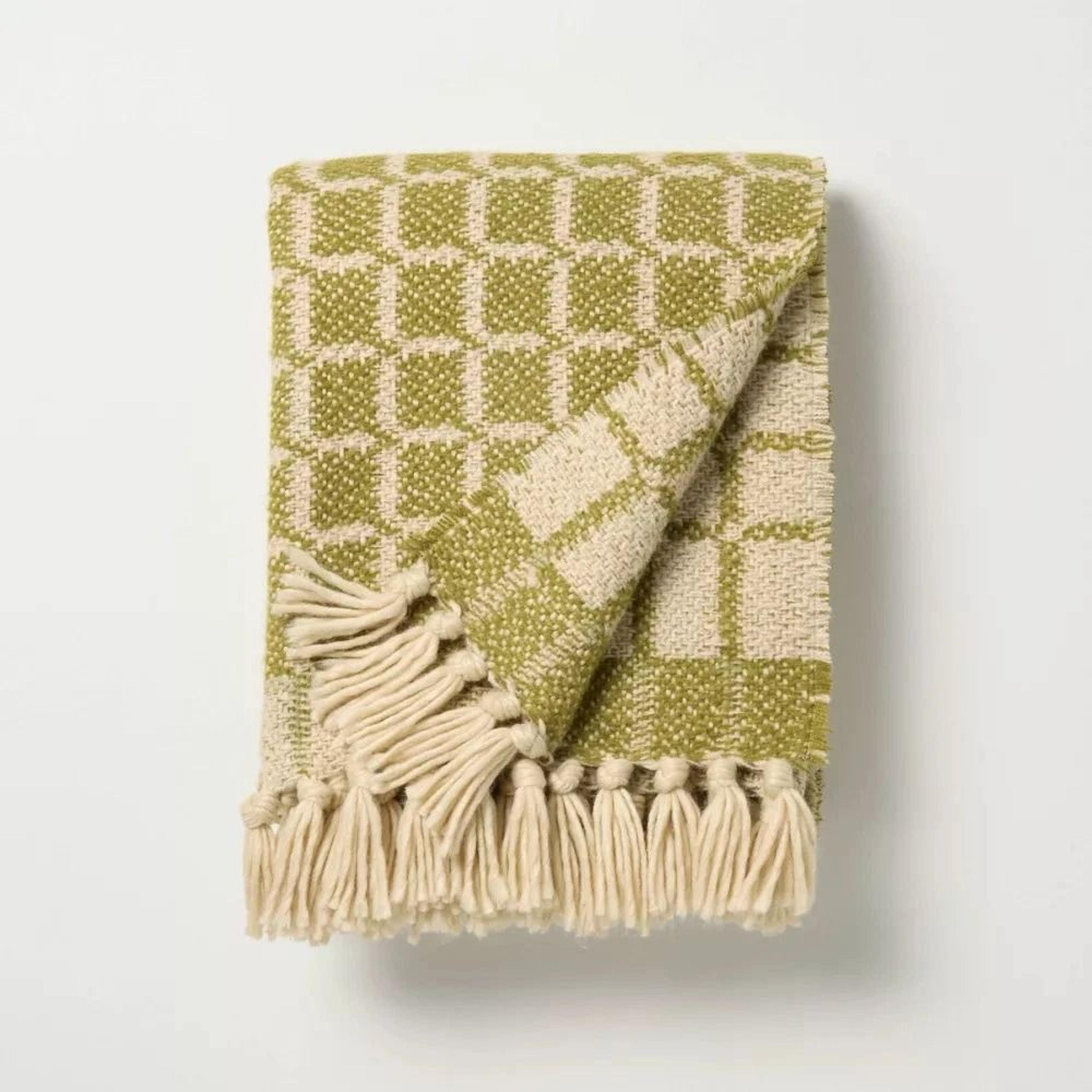 grid throw blanket green, cozy woven design by hearth & hand with magnolia,heavyweight fabric