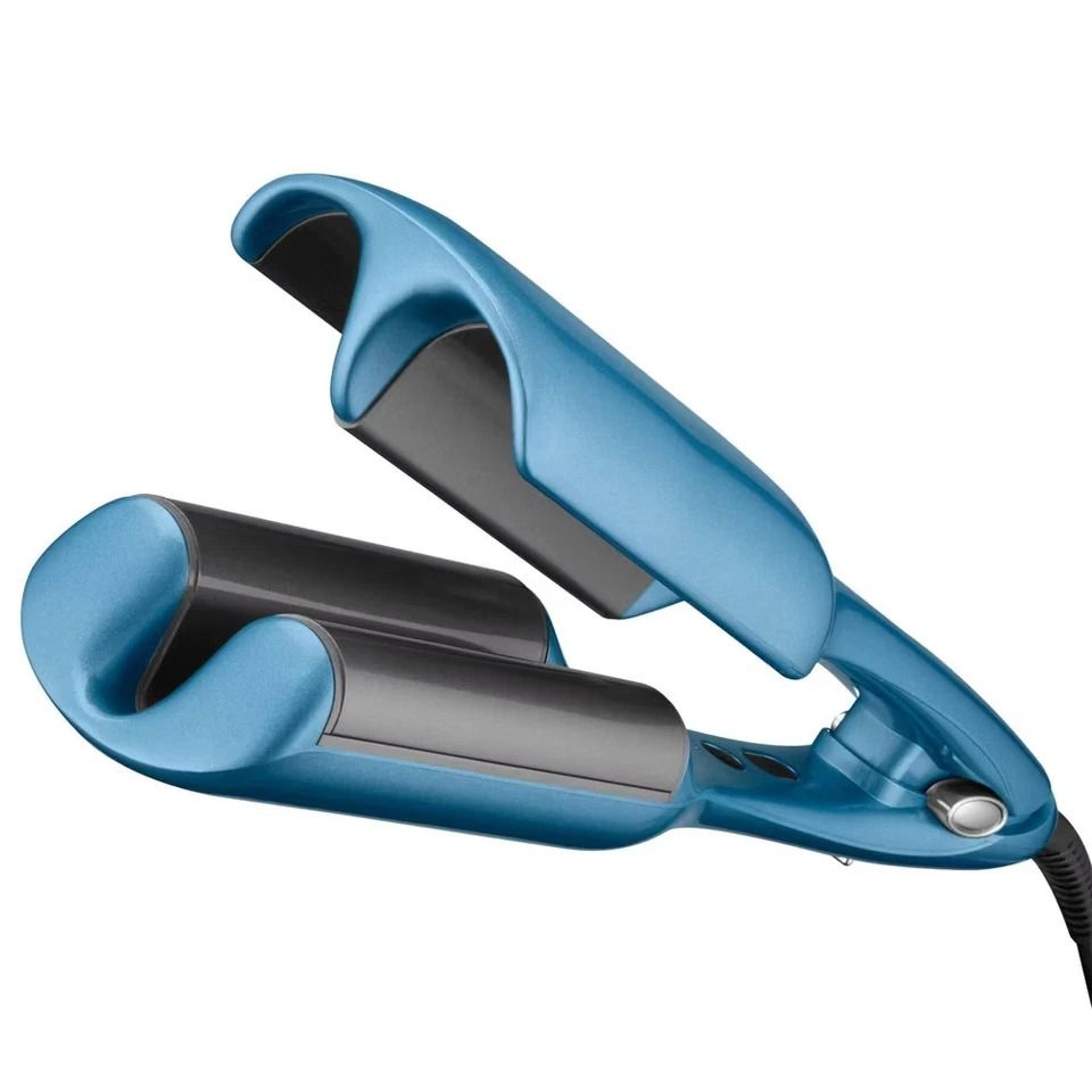 blue nano titanium ionic deep hair waver, heat settings, ergonomic, swivel cord, frizz-free glam waves