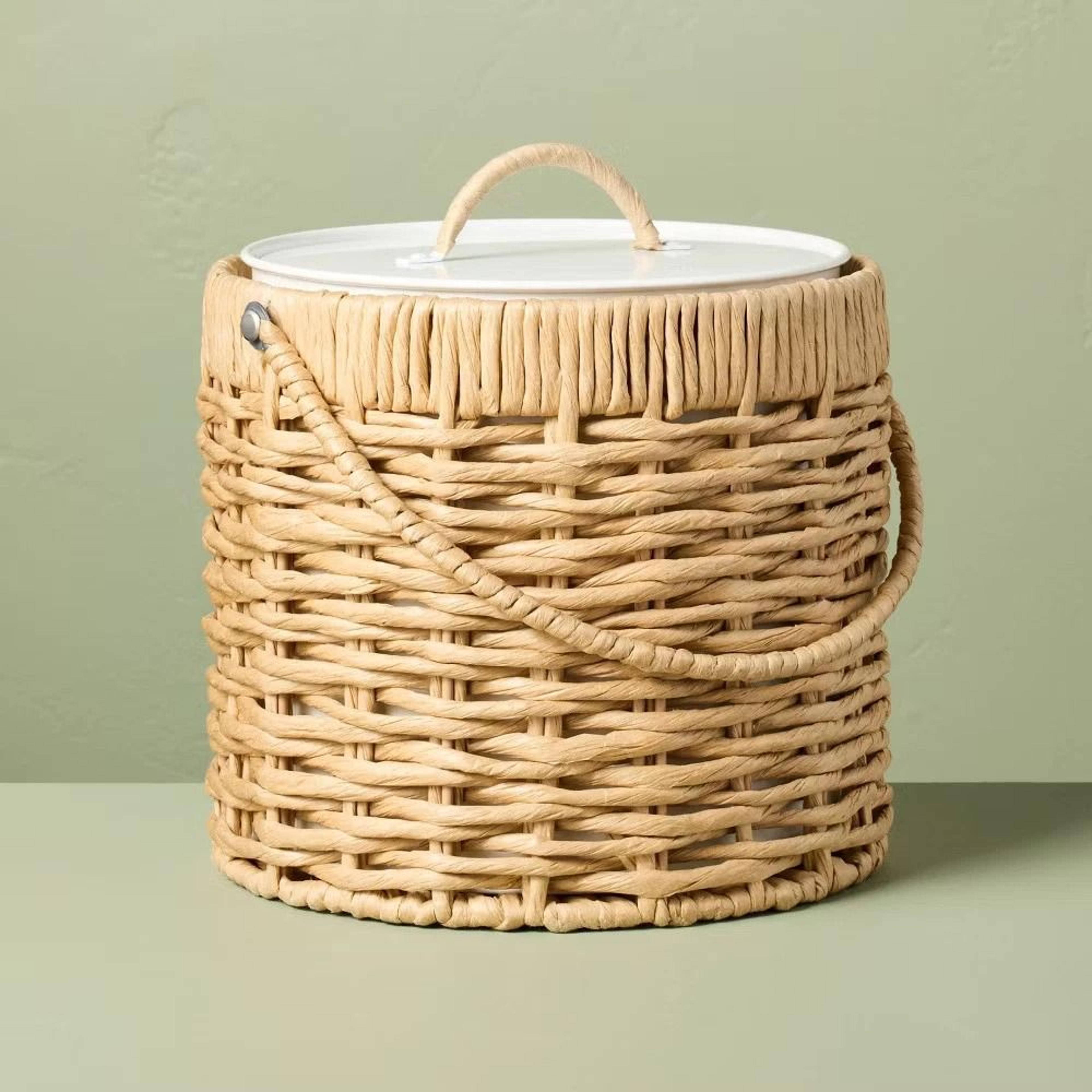 hearth & hand woven paper wrapped metal ice bucket, stylish lid, portable handle, perfect for parties