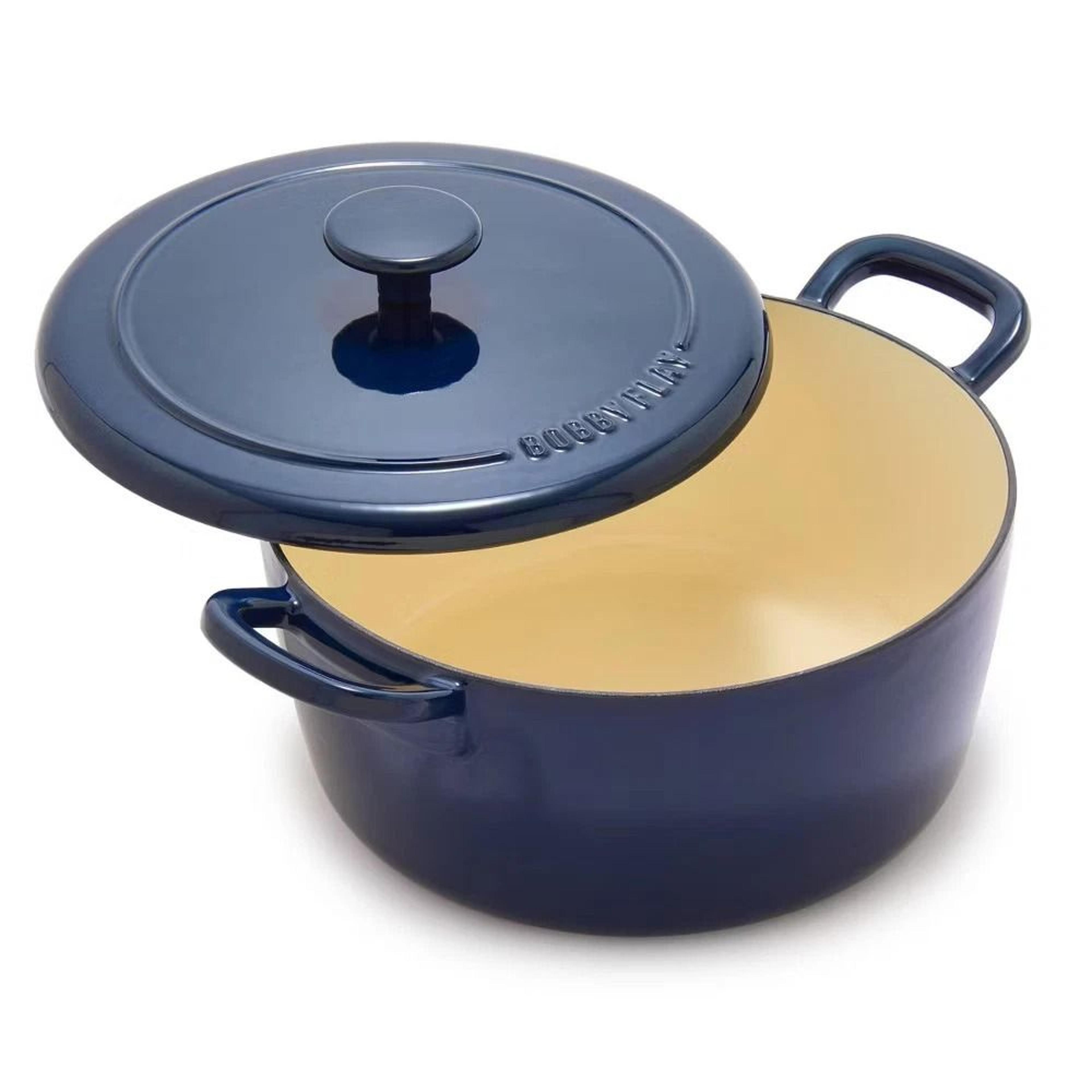 oxford blue cast enamel dutch oven, enameled cast iron, self basting lid, induction safe cooker