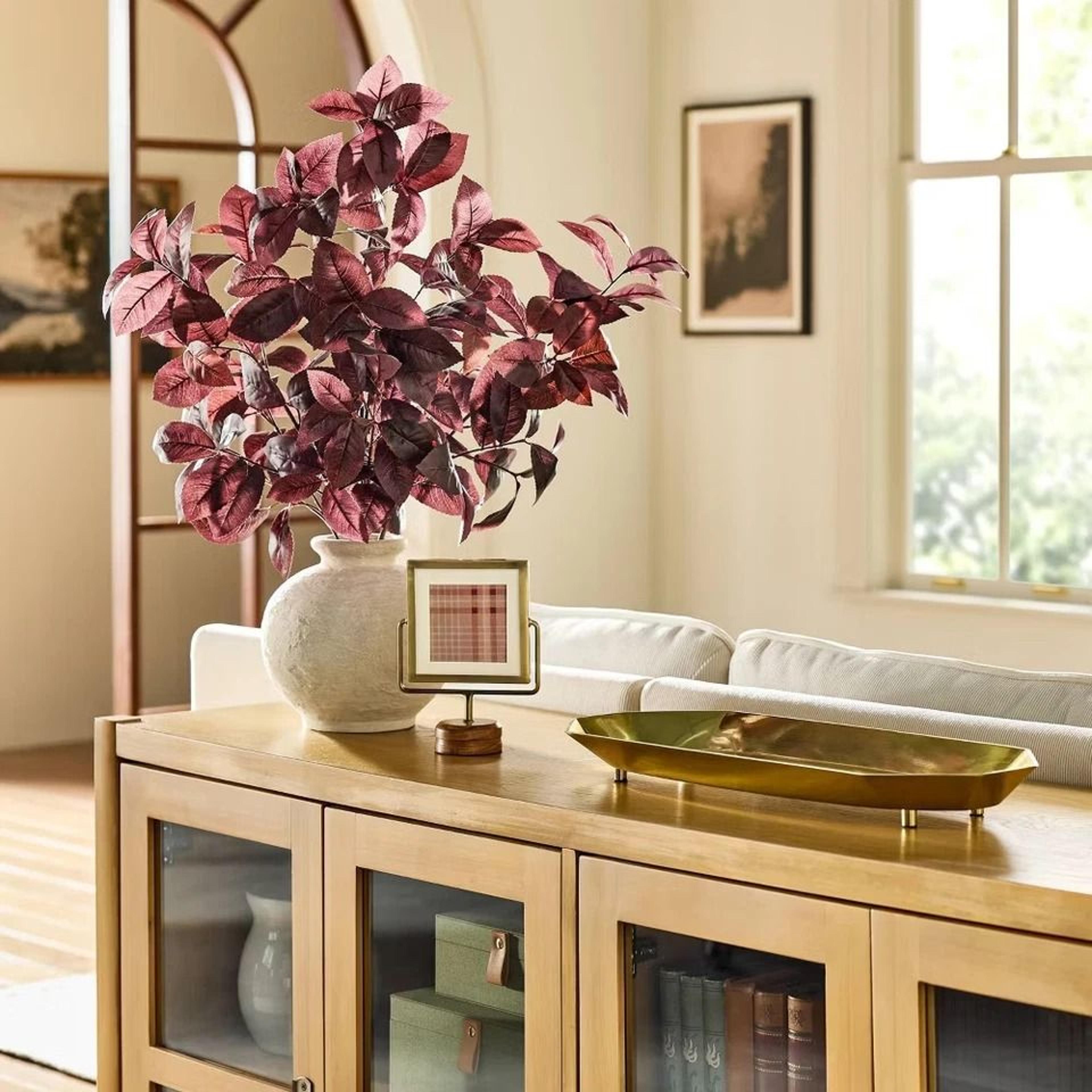 Hearth  Hand With Magnolia Black Plum Leaf Artificial Fall Arrangement Faux Plant White Ceramic Con 3