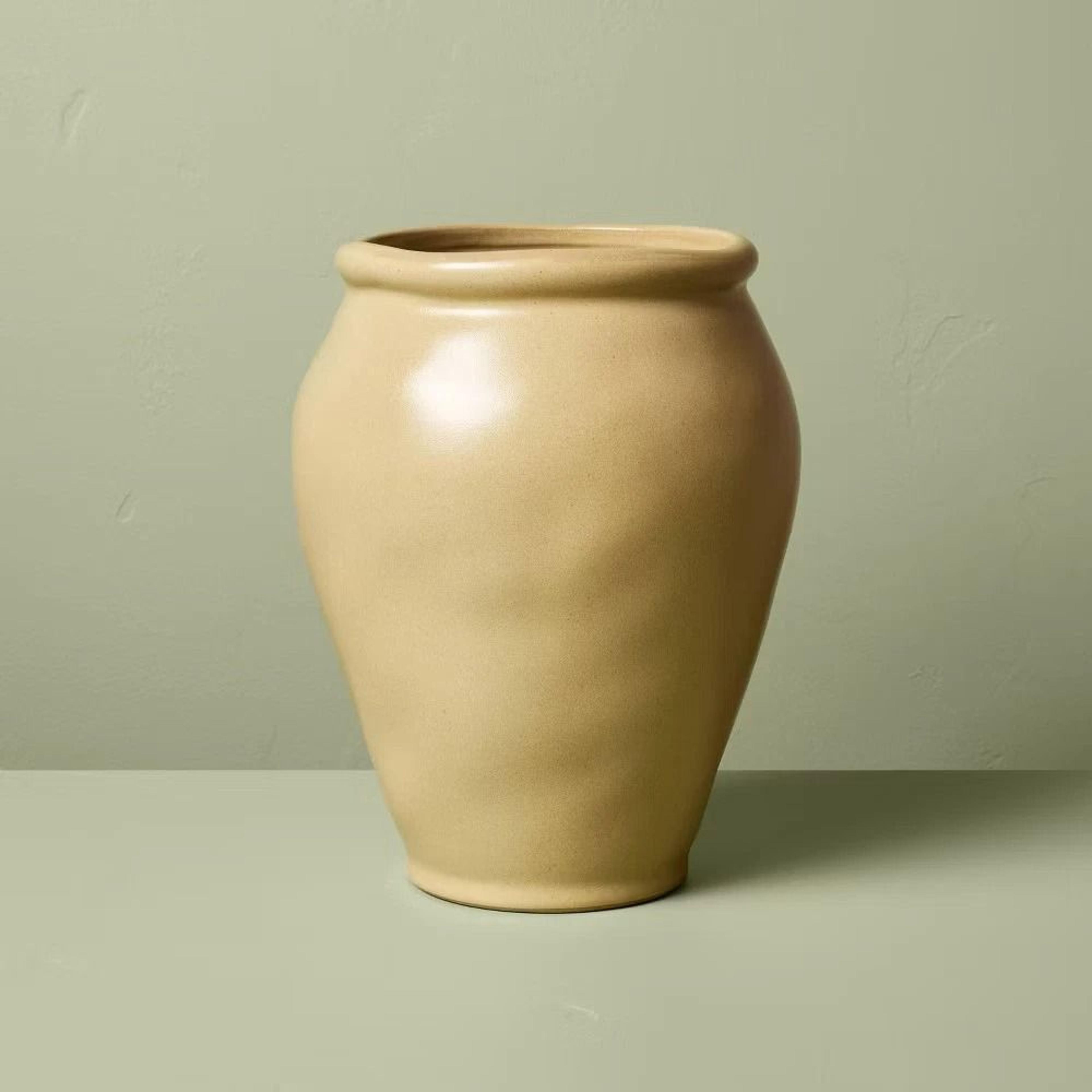 hearth & hand with magnolia smooth ceramic urn vase tan, decorative tabletop accent