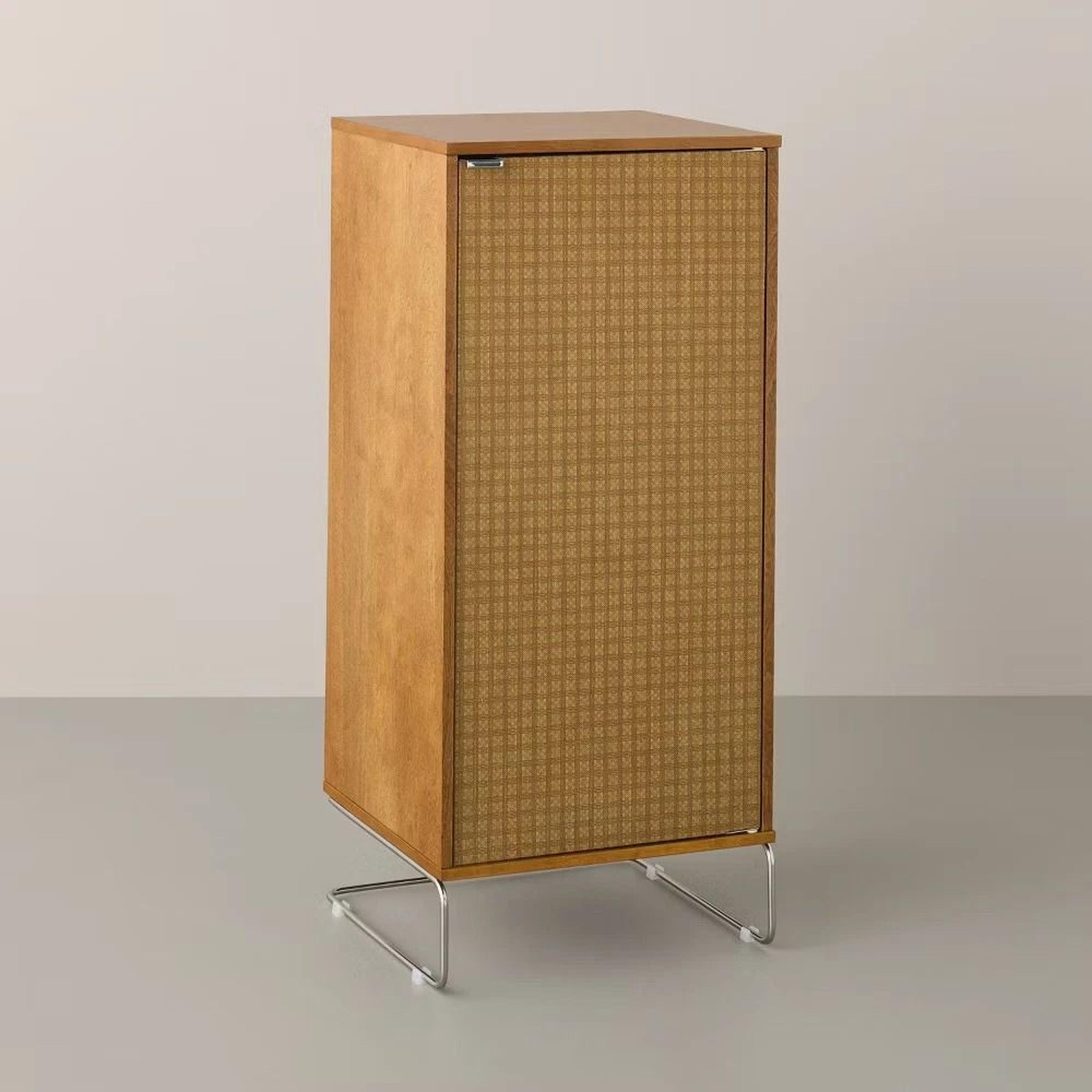 hearth & hand with magnolia wood and fabric vinyl storage cabinet, shelves, door, wooden frame