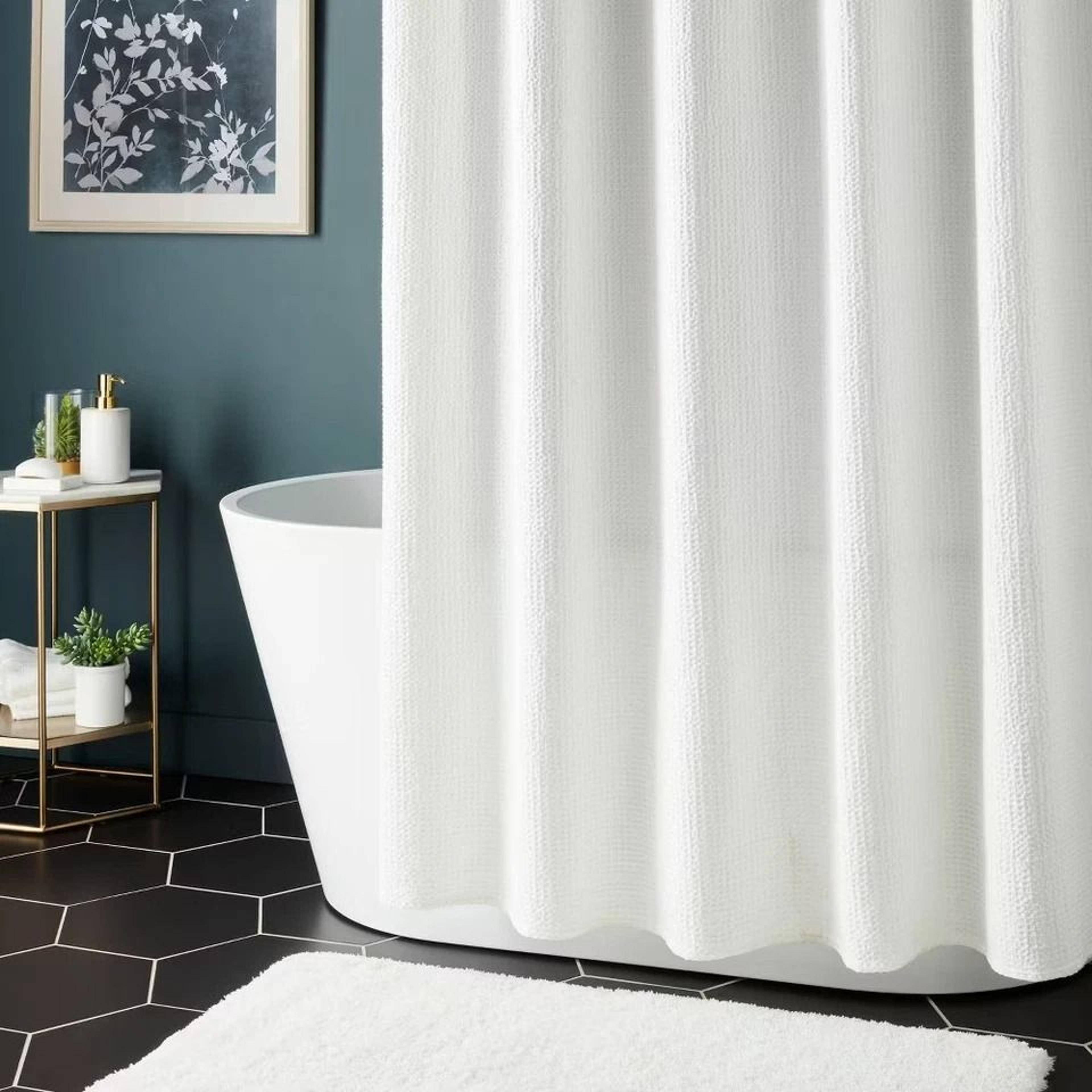 Oversized Relaxed WaffleWeave Shower Curtain White Cotton Buttonhole Top Machine Washable 3
