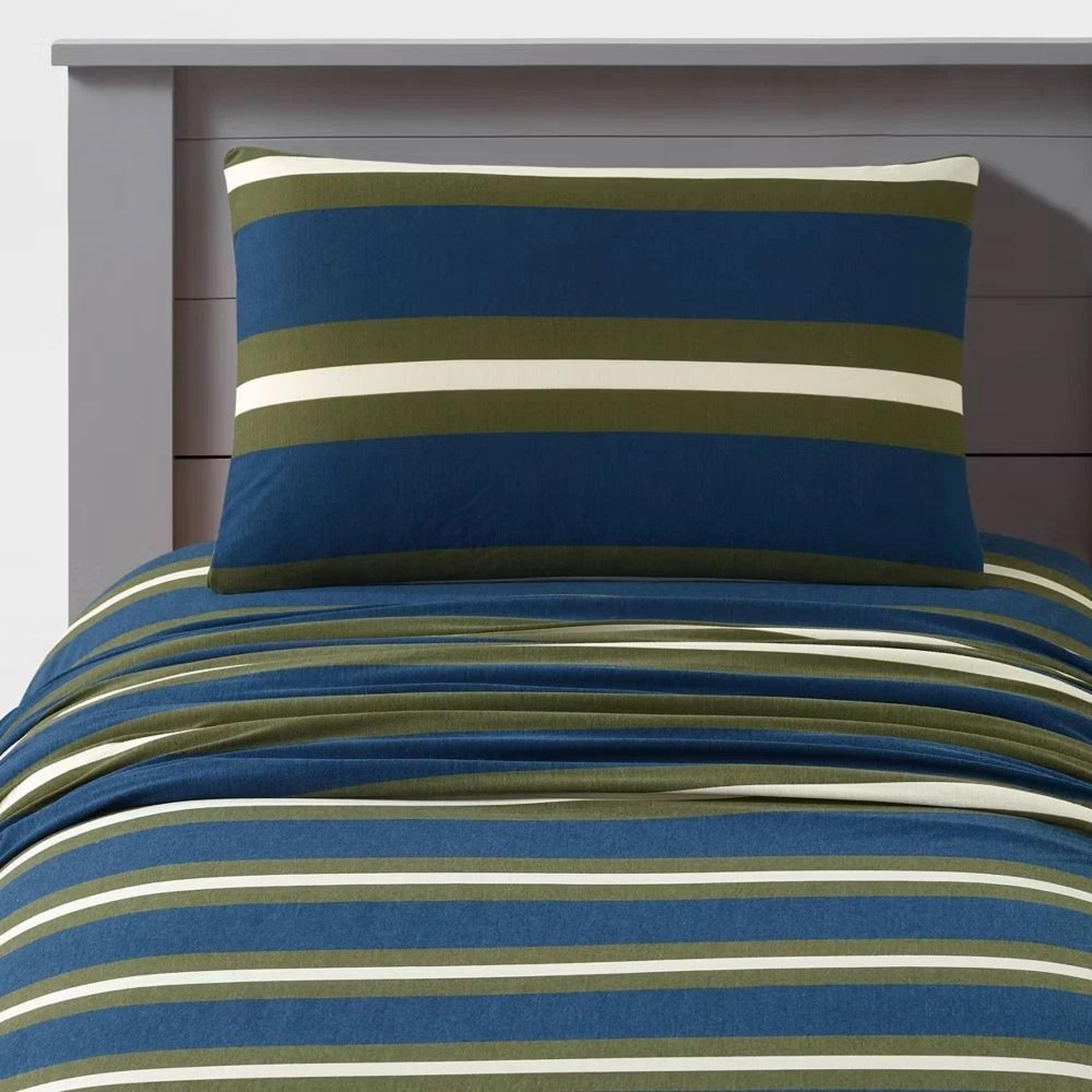 mod prep jersey sheet set for teens, rugby stripe design, recycled polyester cotton blend