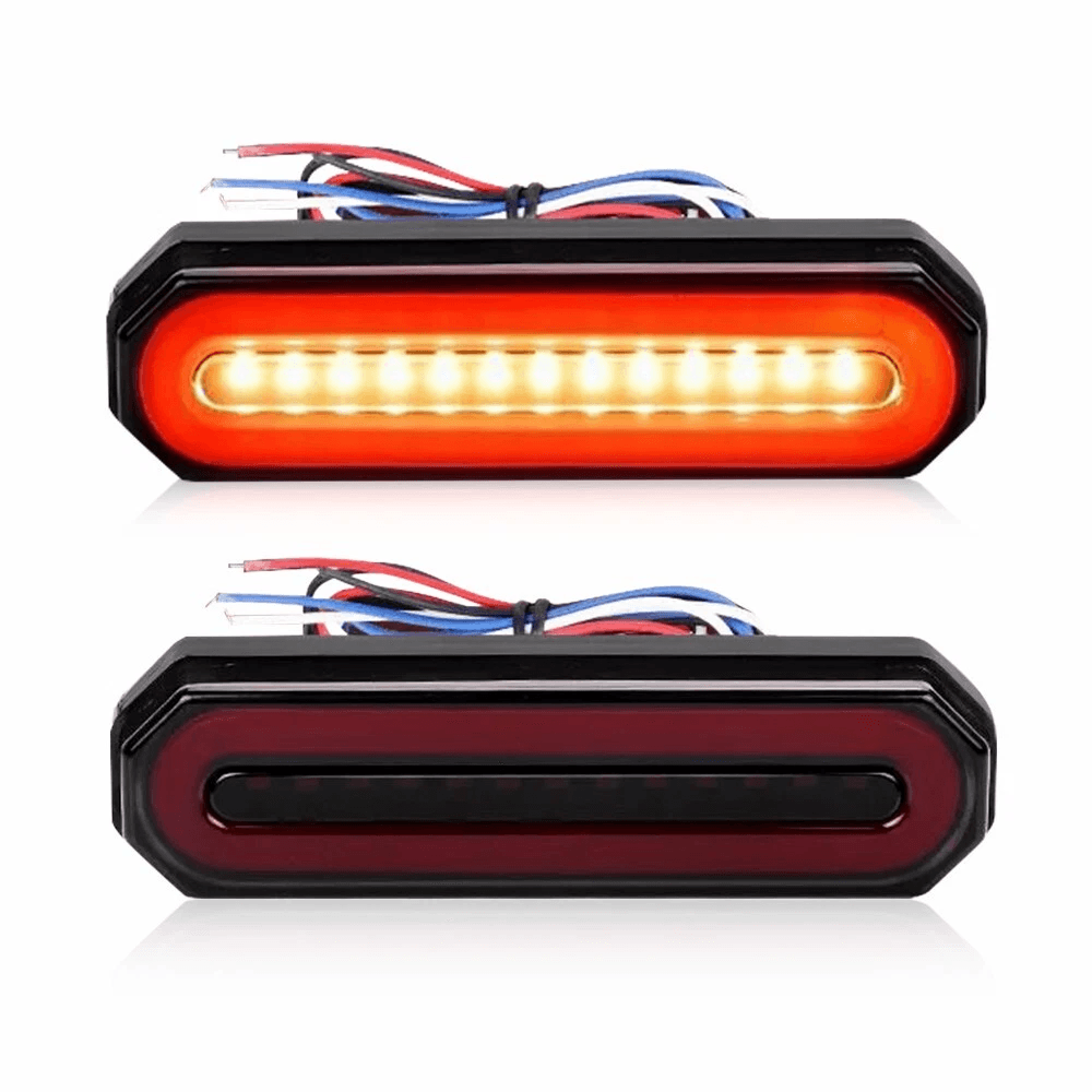 led truck trailer brake stop light with red/amber oval, drl, flowing turn signal