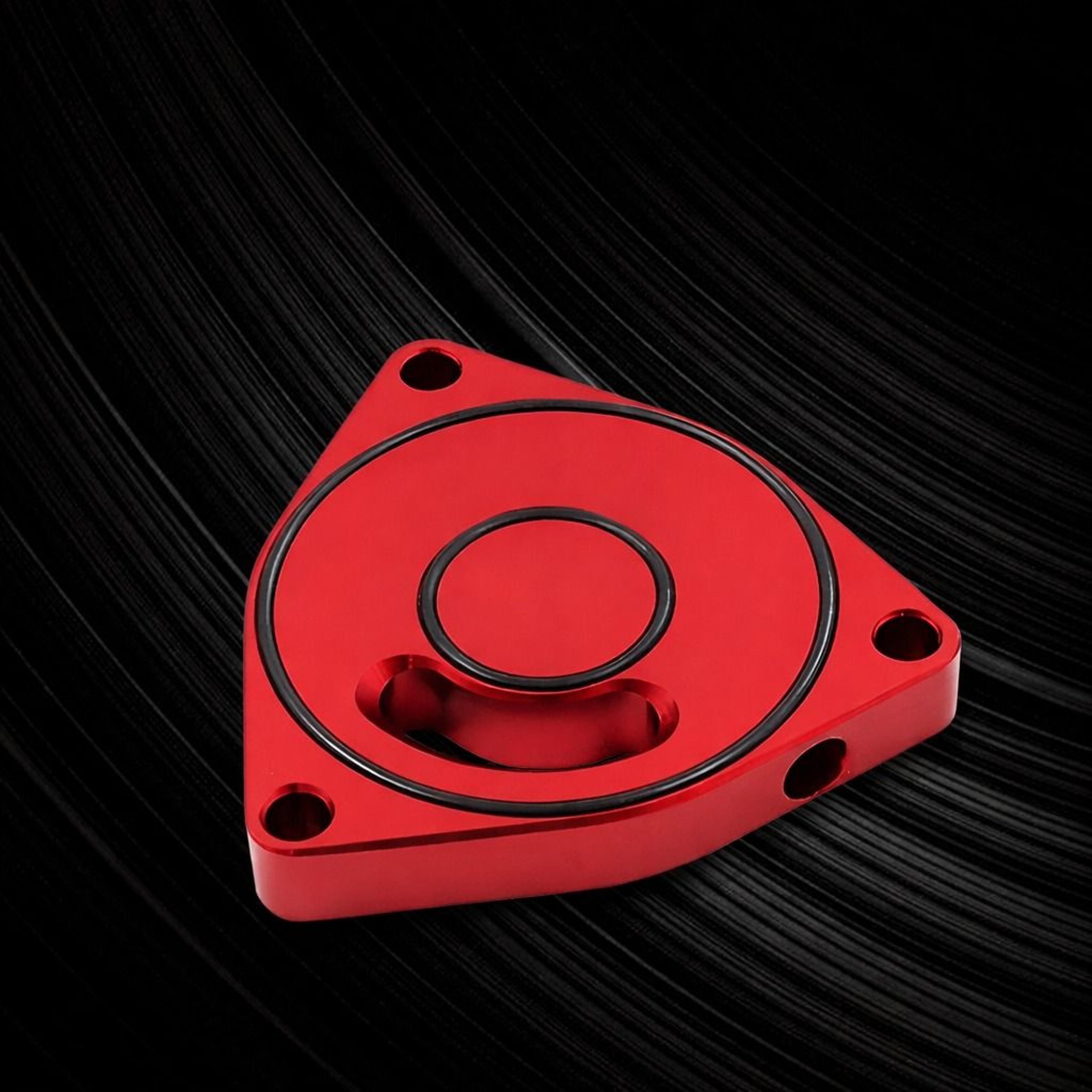 high-performance turbo blow off valve spacer, red bov plate, cnc-machined aircraft aluminum, coupe billet upgrade