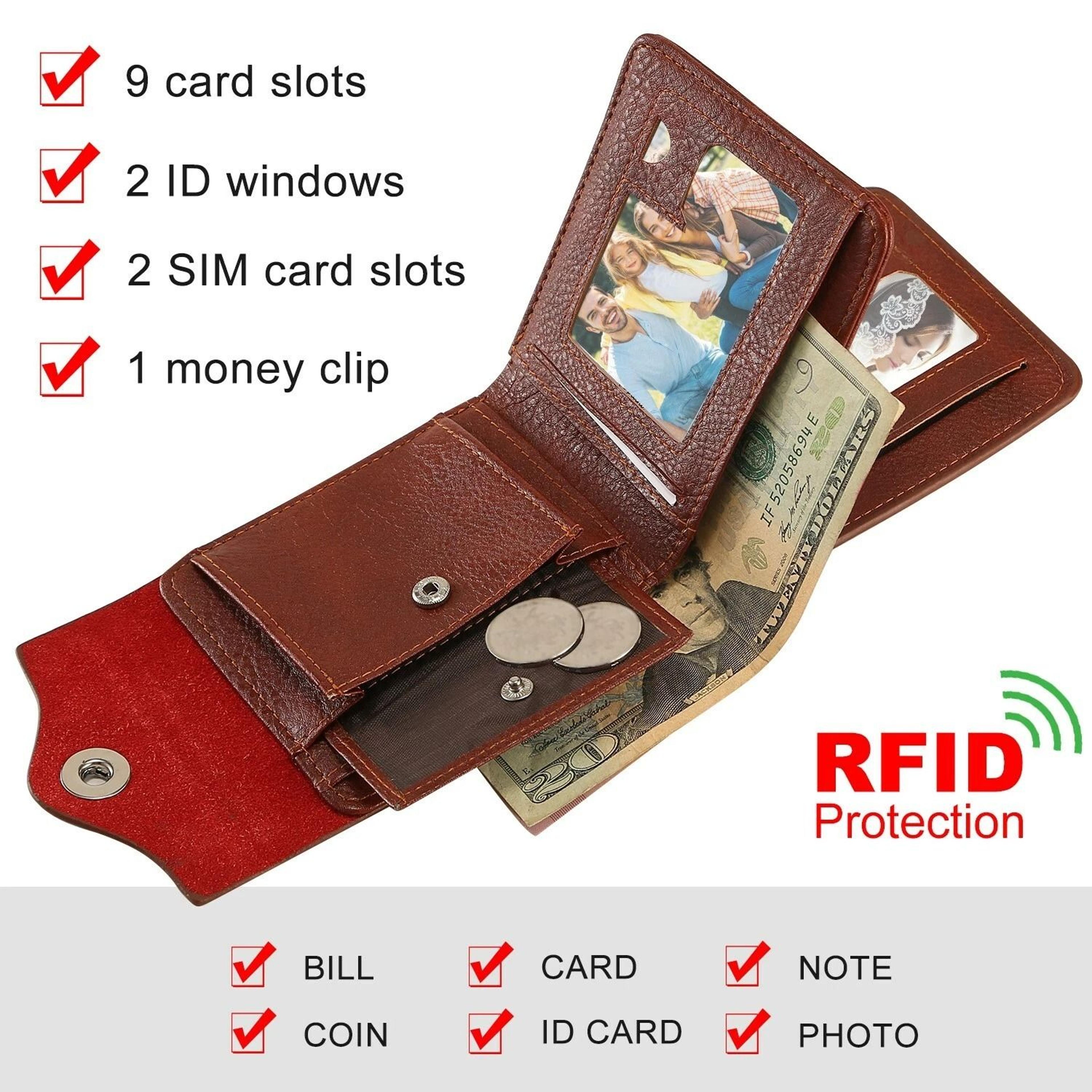 PU Leather Bifold Wallet For Men Wallet Holder With 2 ID Windows Coin Pocket 9