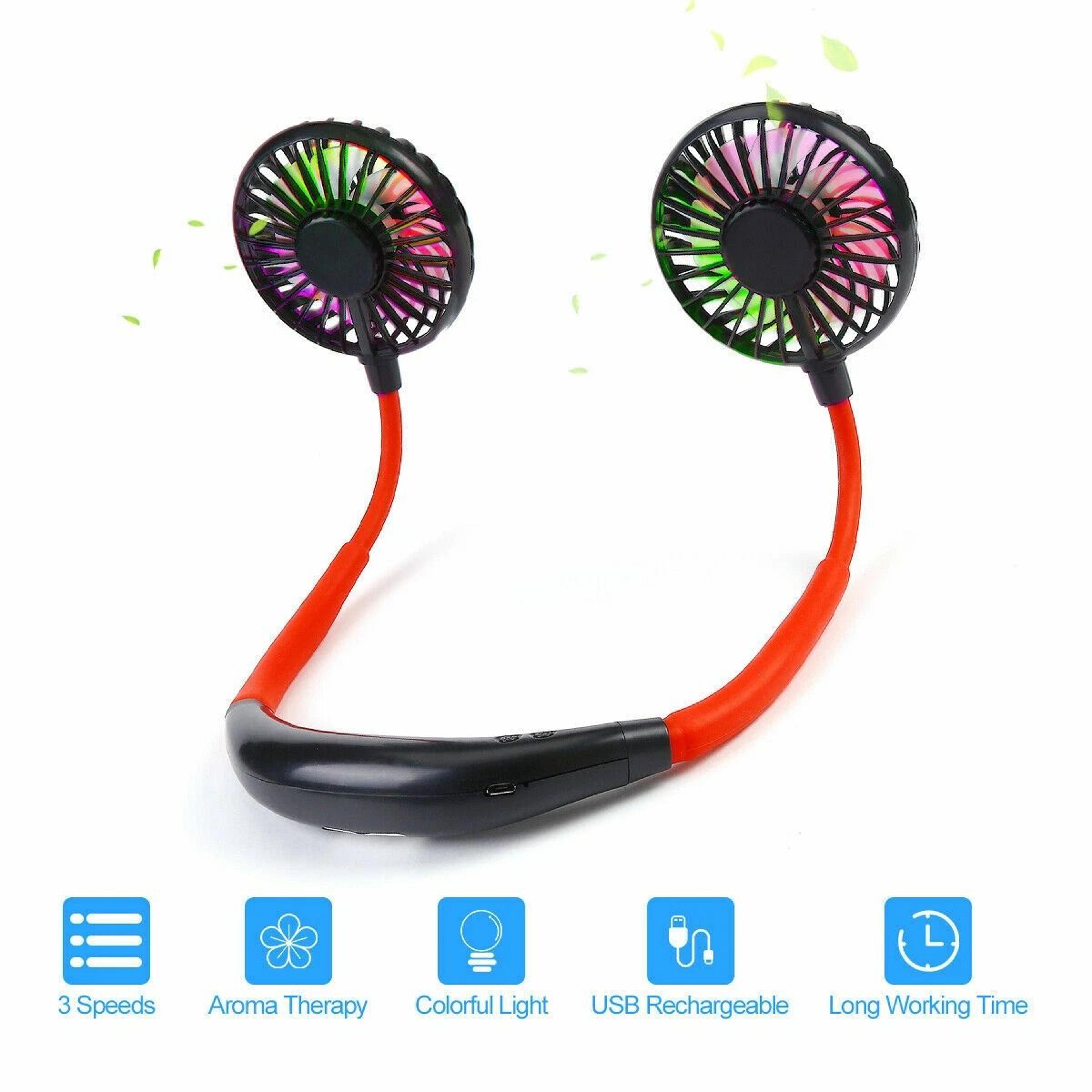 Rechargeable LED Portable Mini USB Neckband Fan Dual Cooling Neck Hanging Fan For Outdoor Travel An 2