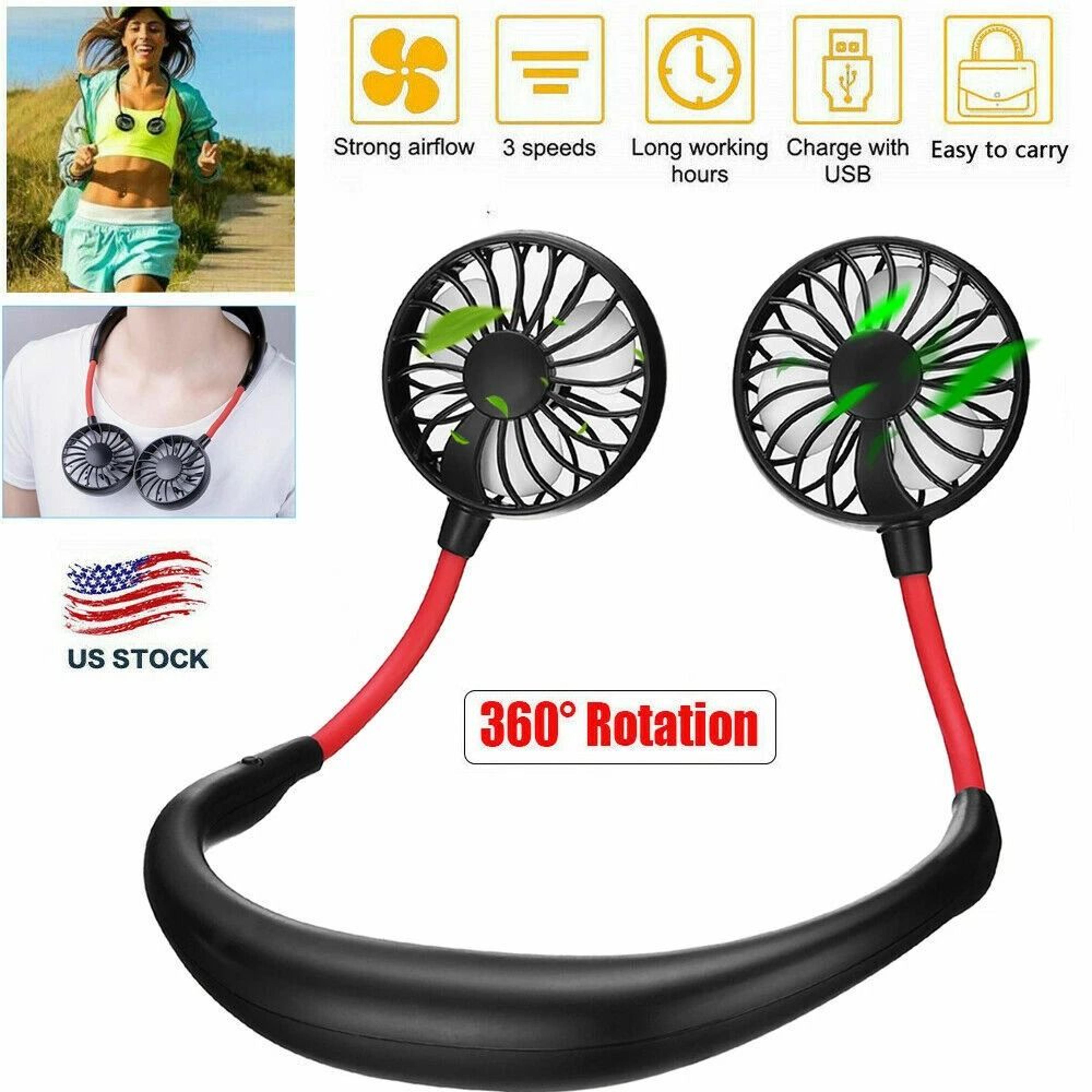 Rechargeable LED Portable Mini USB Neckband Fan Dual Cooling Neck Hanging Fan For Outdoor Travel An 8