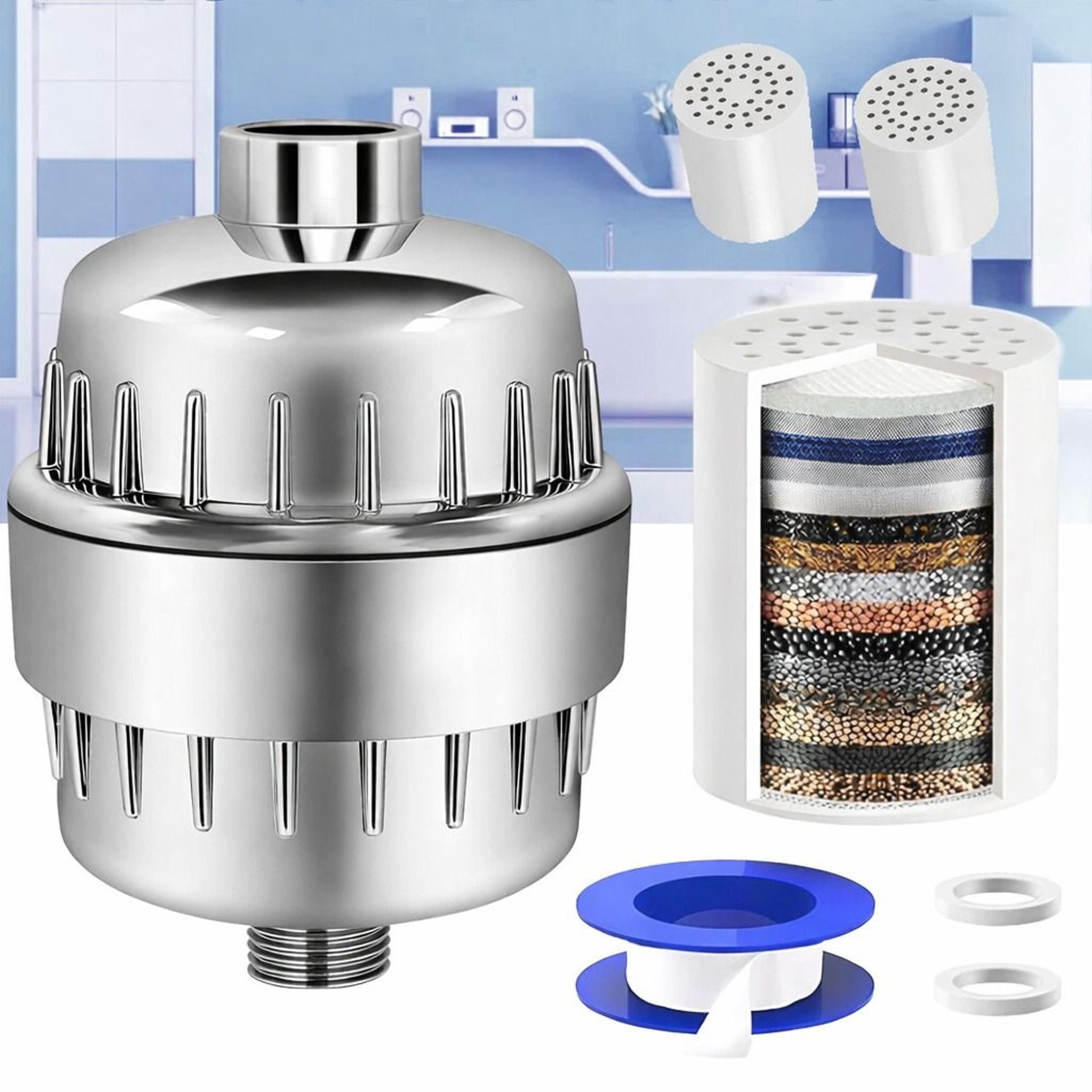 20-stage shower head, filter with 3 replaceable cartridges, hard water solution, improves skin and hair quality