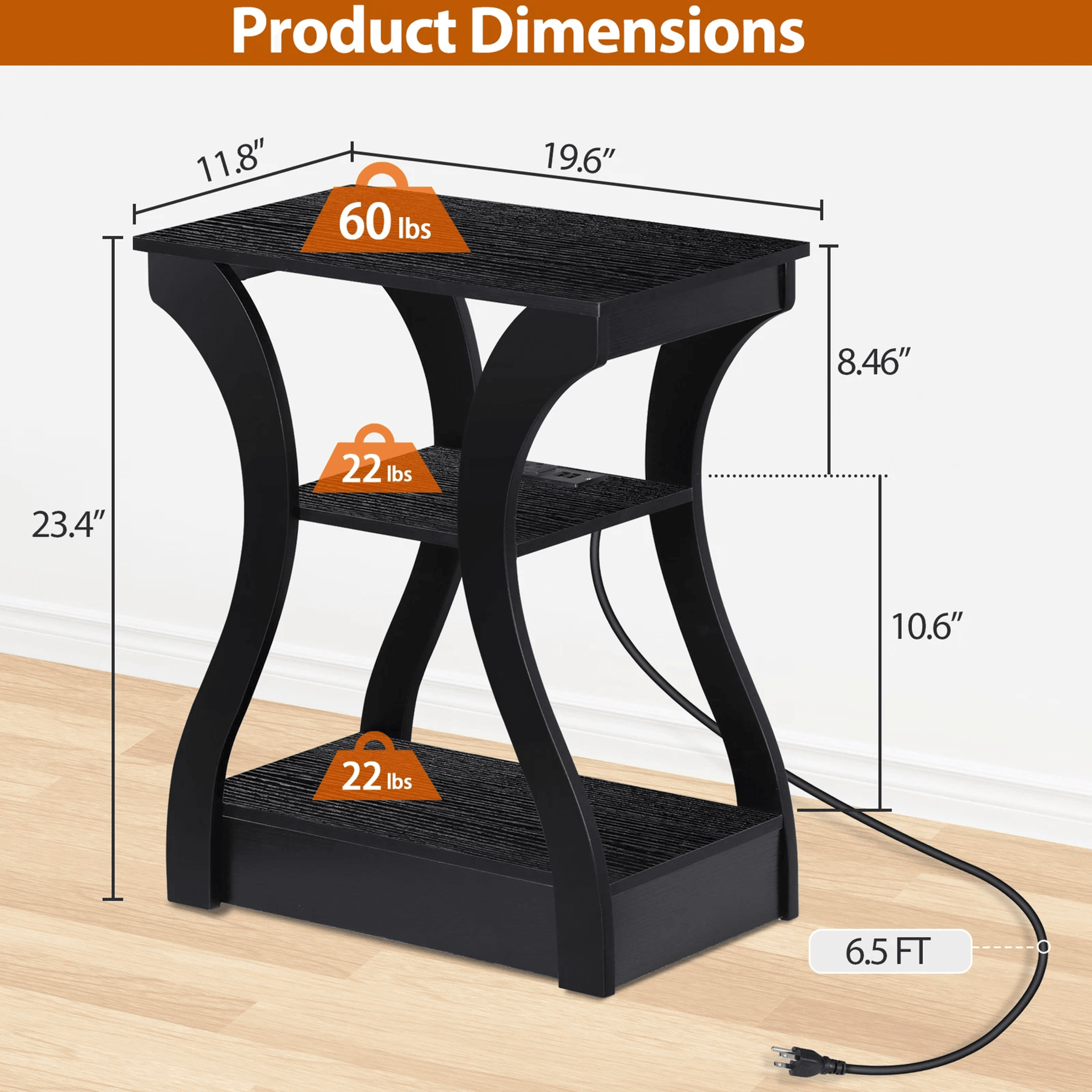 Black 3 Tier End Table With USB Charging Station Storage Shelf For Living Room Stylish And Function 5