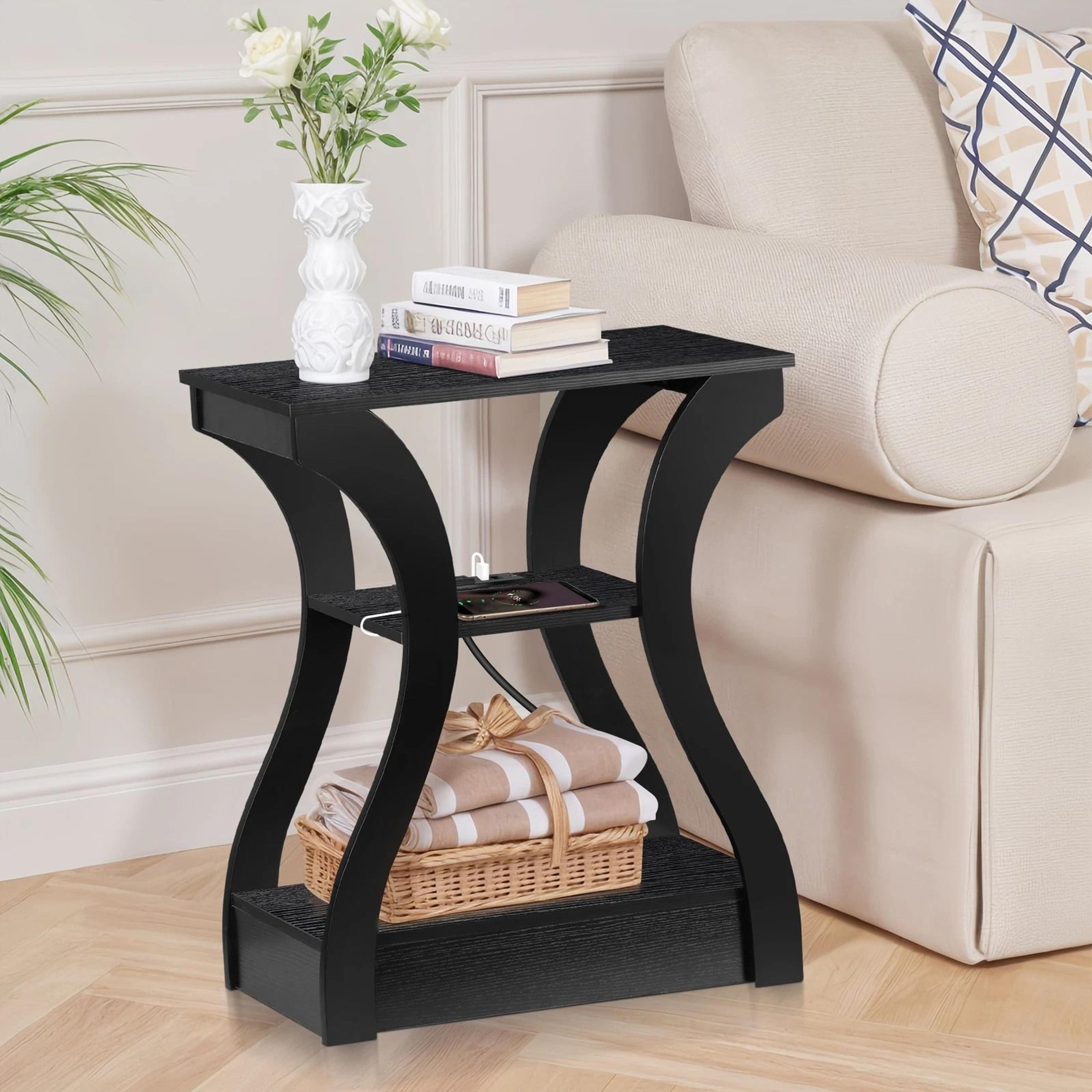 black 3 tier end table with usb charging station, storage shelf for living room, stylish and functional storage solution