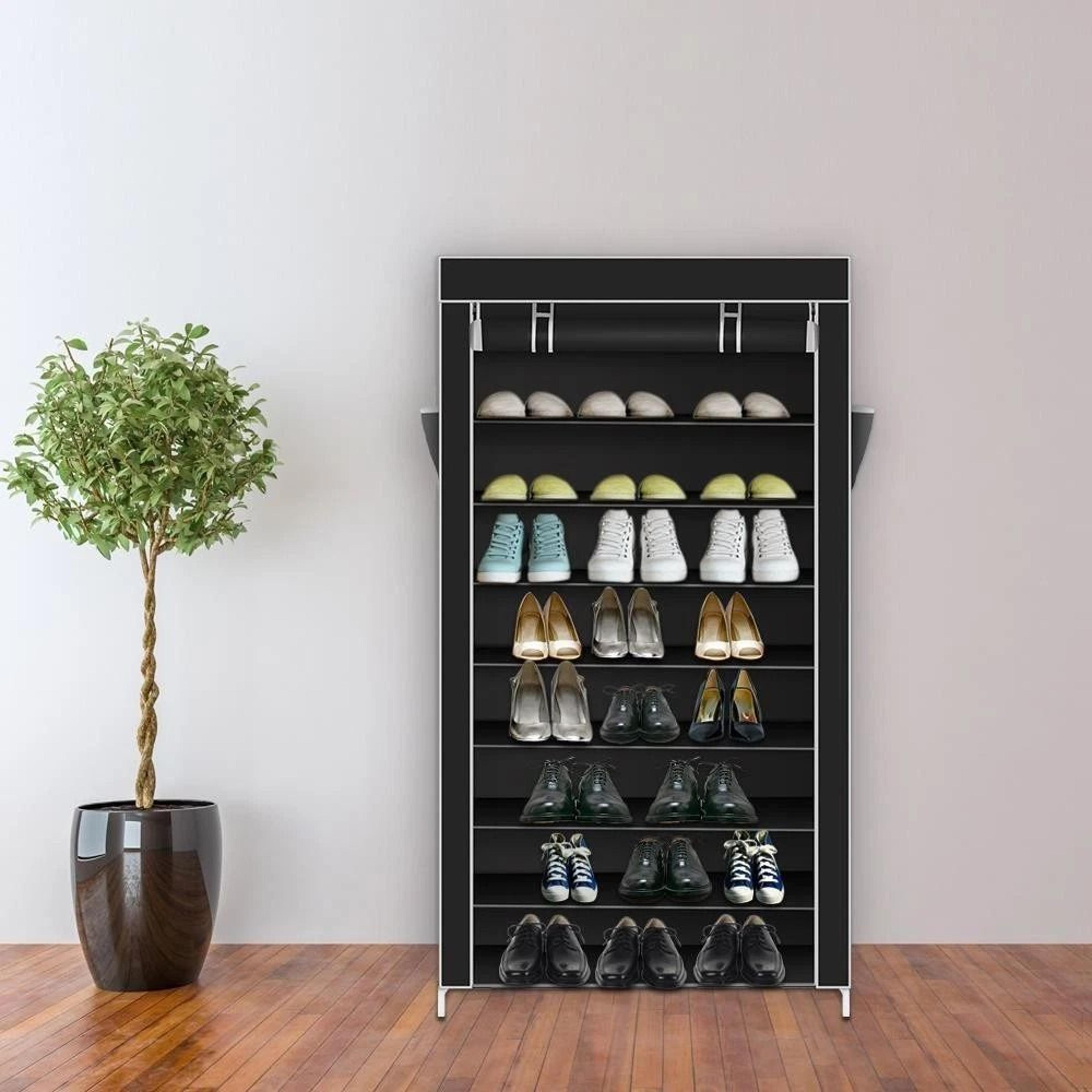 10 tiers shoe rack, closet shoe storage organizer w/ dustproof cover & side pockets for shoes